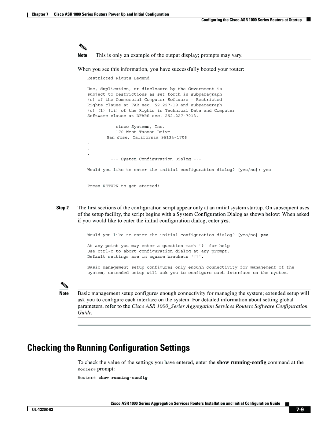 Cisco Systems ASR 1000 Series manual Checking the Running Configuration Settings, Router# show running-config 