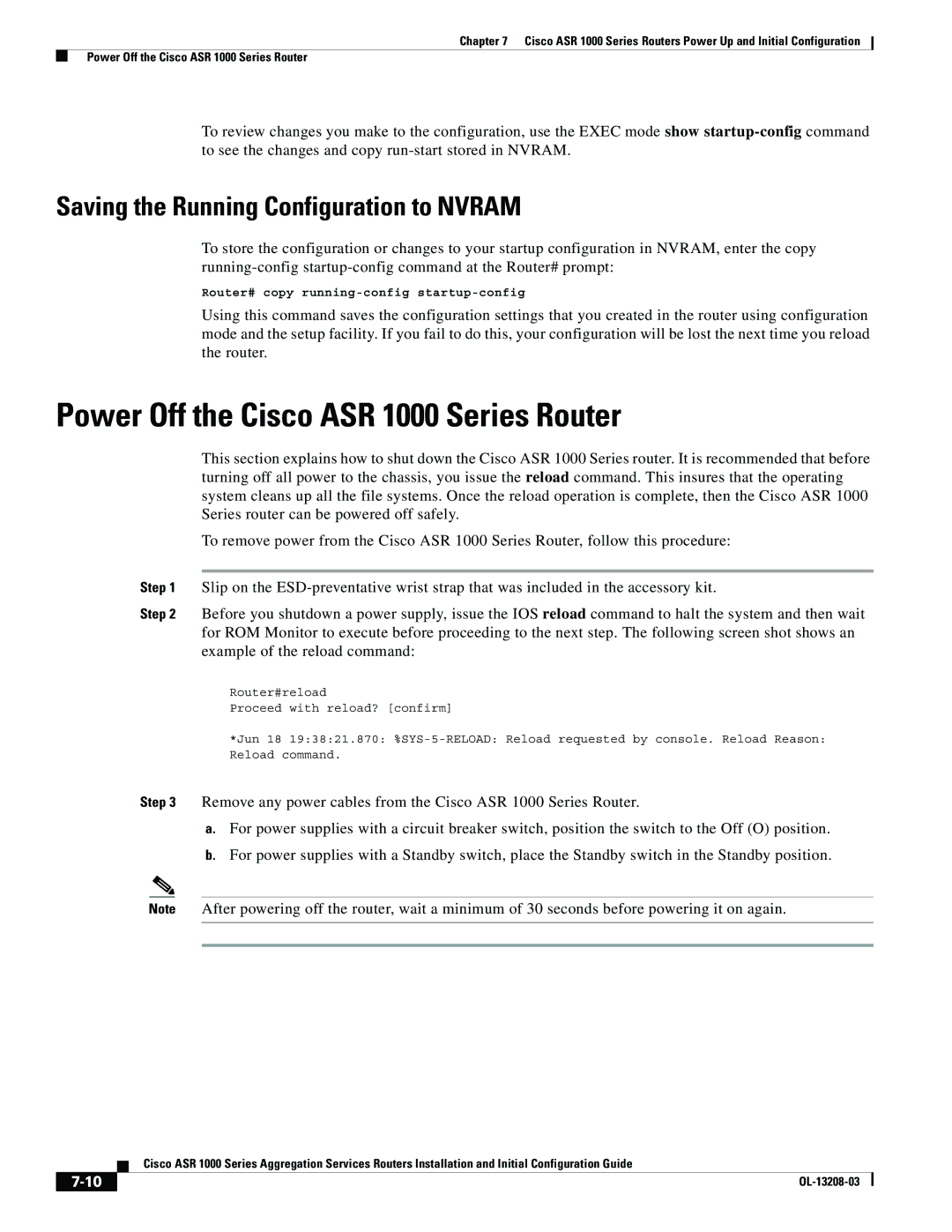 Cisco Systems manual Power Off the Cisco ASR 1000 Series Router, Saving the Running Configuration to Nvram 