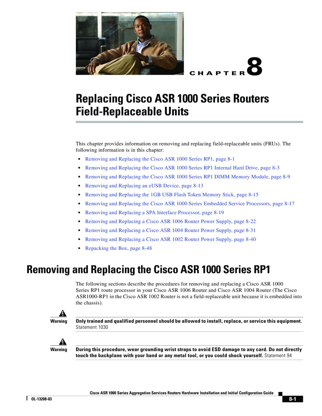 Cisco Systems manual Removing and Replacing the Cisco ASR 1000 Series RP1 