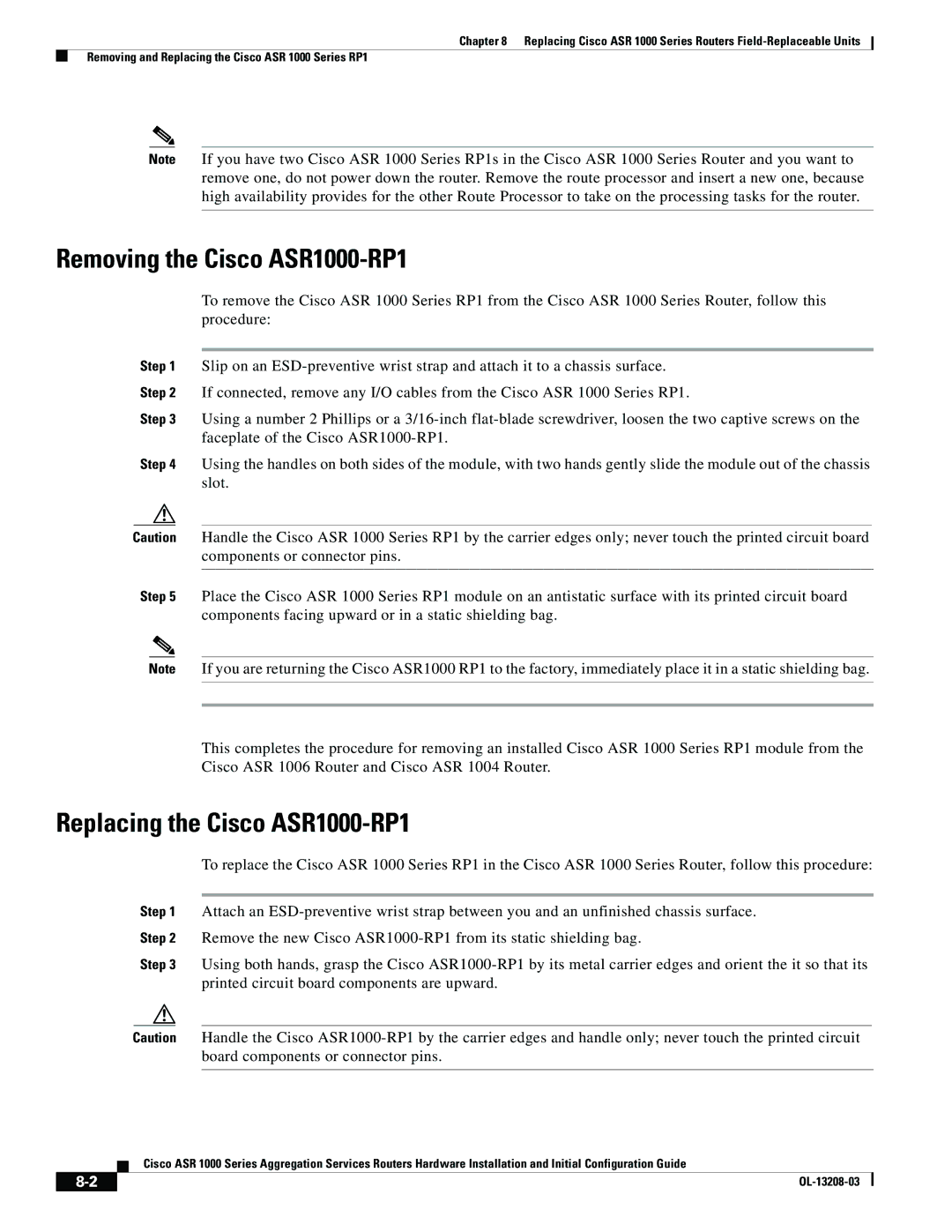 Cisco Systems ASR 1000 Series manual Removing the Cisco ASR1000-RP1, Replacing the Cisco ASR1000-RP1 