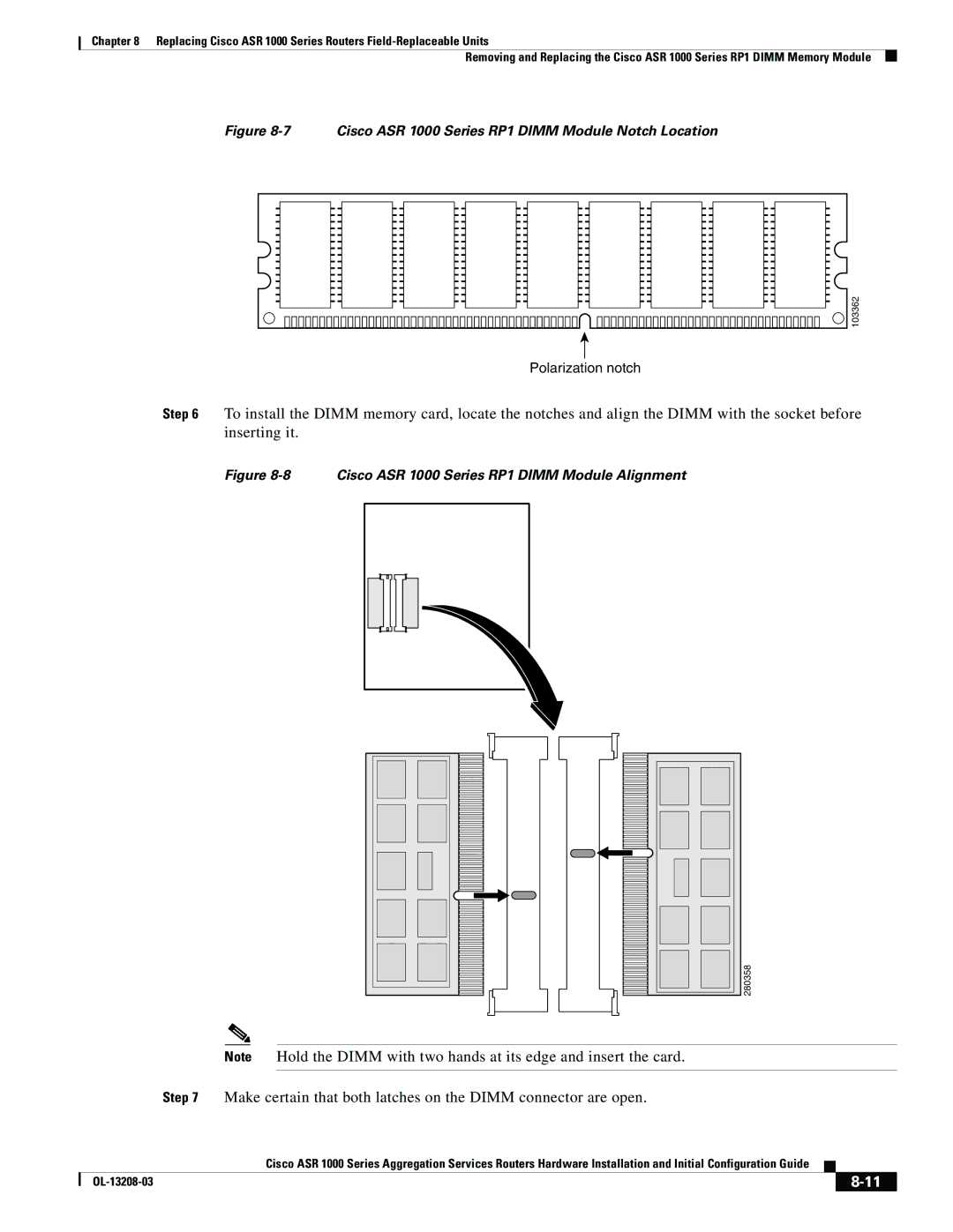 Cisco Systems manual Cisco ASR 1000 Series RP1 Dimm Module Notch Location 