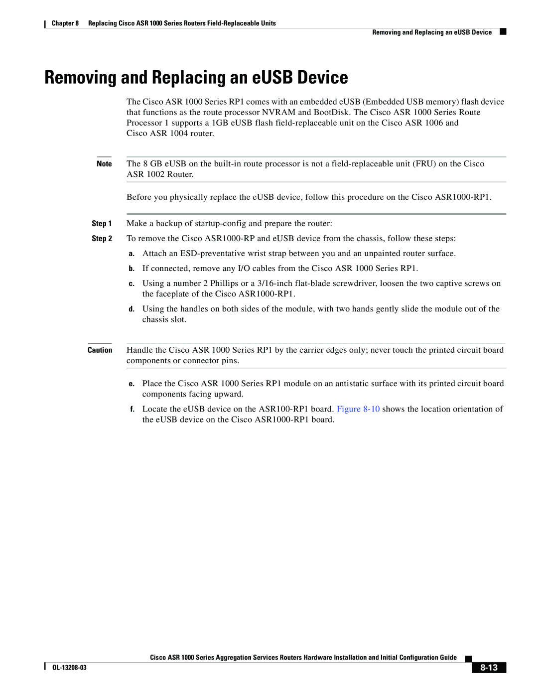 Cisco Systems ASR 1000 Series manual Removing and Replacing an eUSB Device 