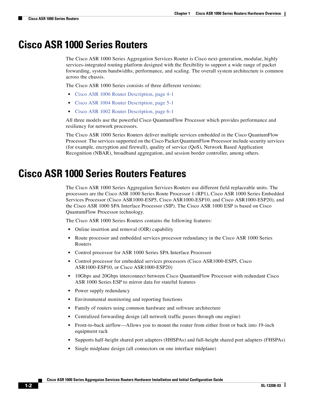 Cisco Systems manual Cisco ASR 1000 Series Routers Features 