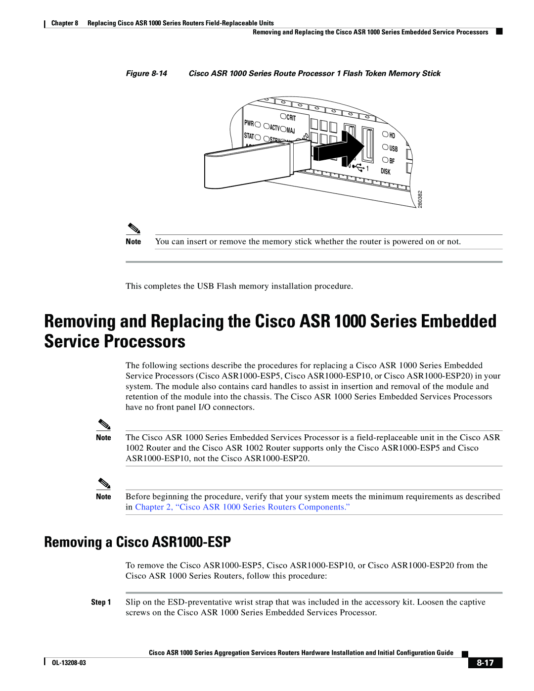 Cisco Systems ASR 1000 Series Removing a Cisco ASR1000-ESP, This completes the USB Flash memory installation procedure 