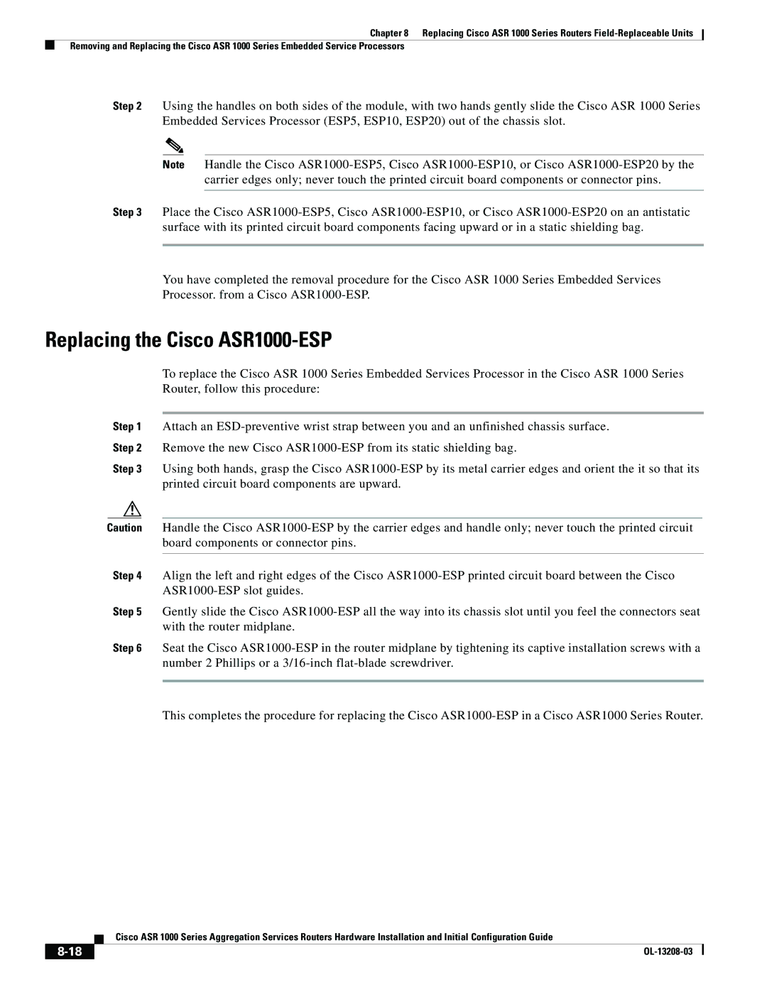 Cisco Systems ASR 1000 Series manual Replacing the Cisco ASR1000-ESP 