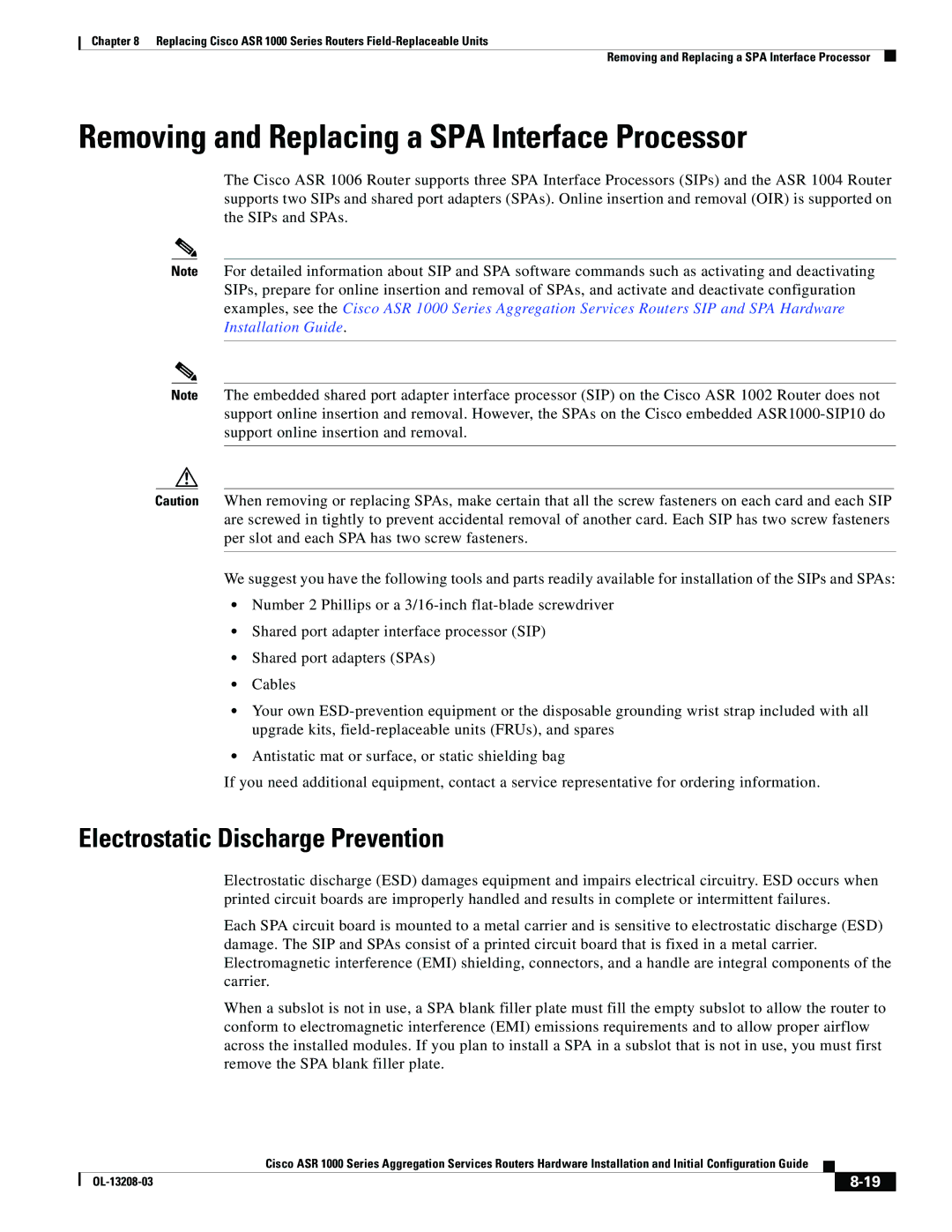 Cisco Systems ASR 1000 Series manual Removing and Replacing a SPA Interface Processor, Electrostatic Discharge Prevention 