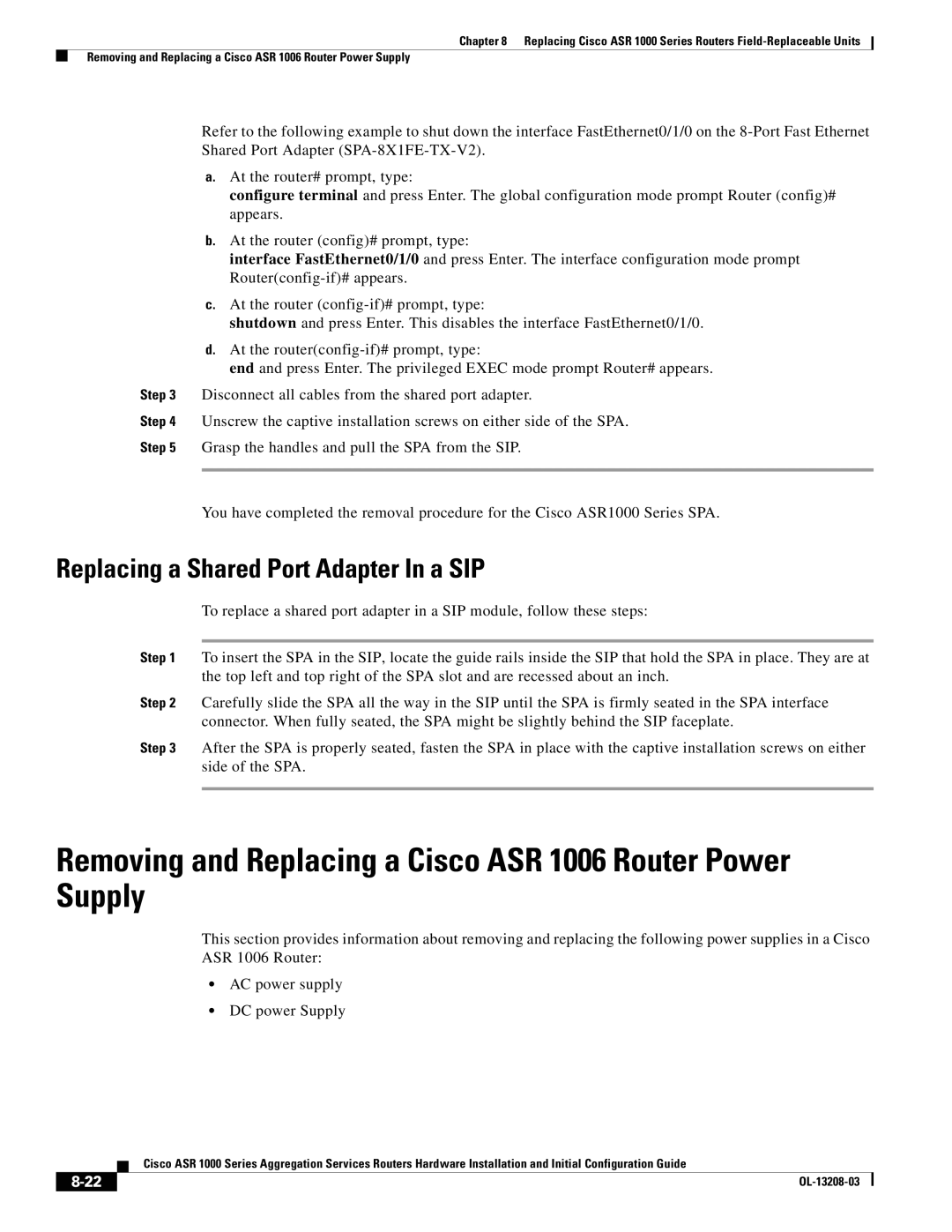 Cisco Systems ASR 1000 Series manual Removing and Replacing a Cisco ASR 1006 Router Power Supply 