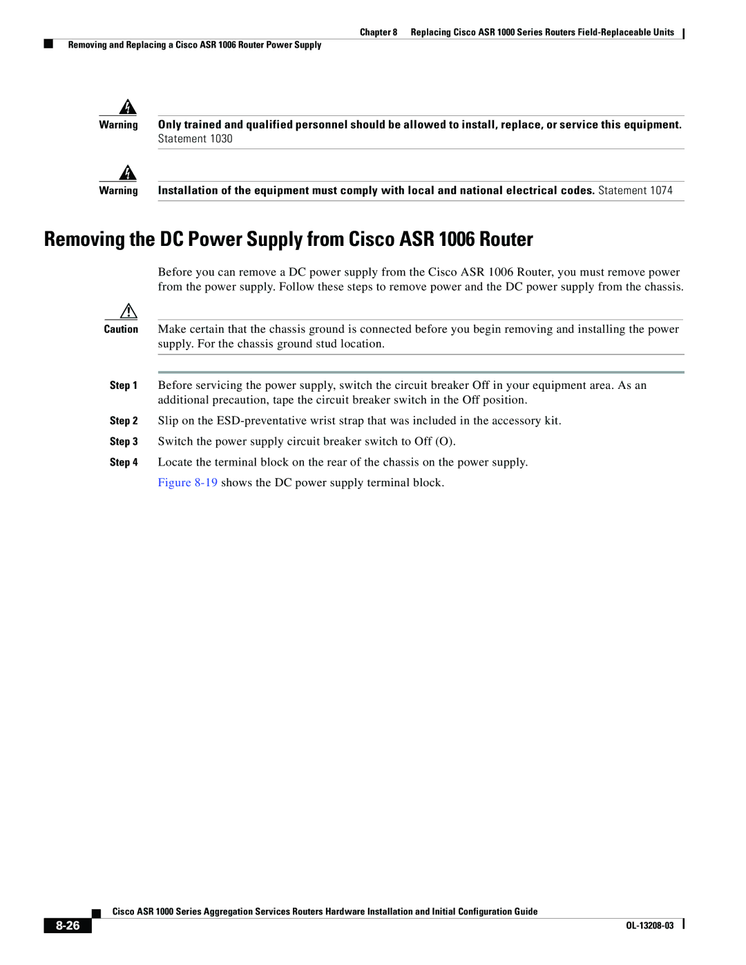 Cisco Systems ASR 1000 Series manual Removing the DC Power Supply from Cisco ASR 1006 Router 