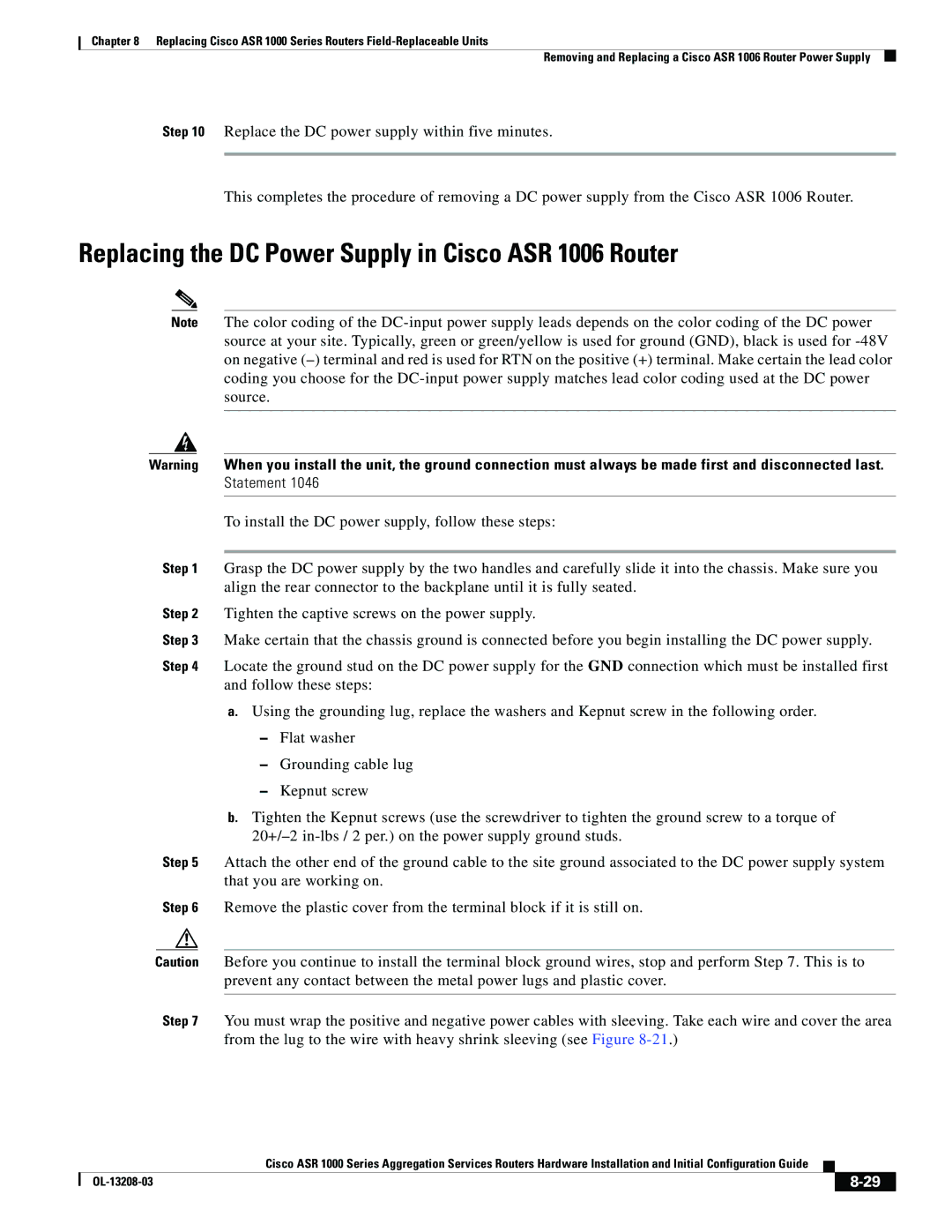 Cisco Systems ASR 1000 Series manual Replacing the DC Power Supply in Cisco ASR 1006 Router 