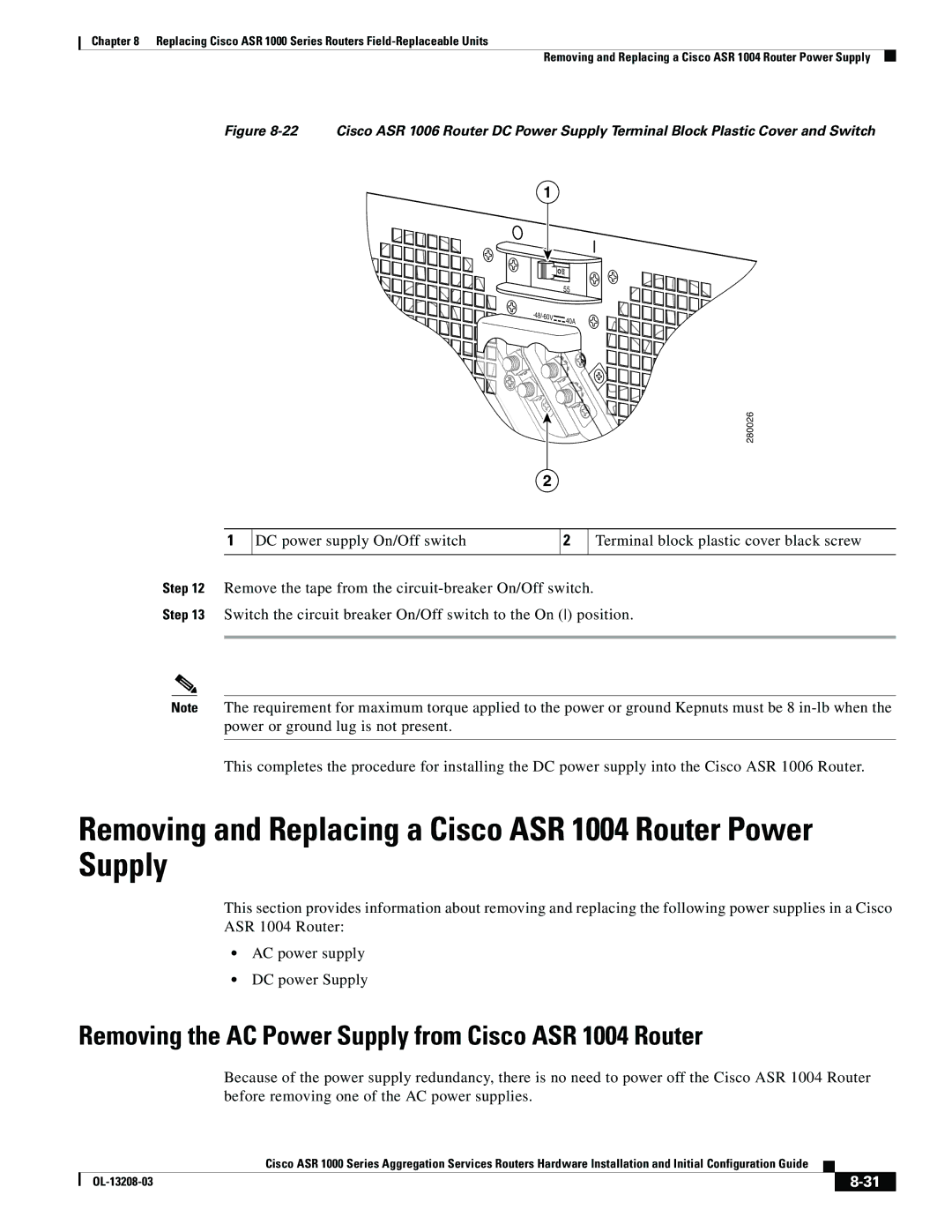 Cisco Systems ASR 1000 Series manual Removing and Replacing a Cisco ASR 1004 Router Power Supply 