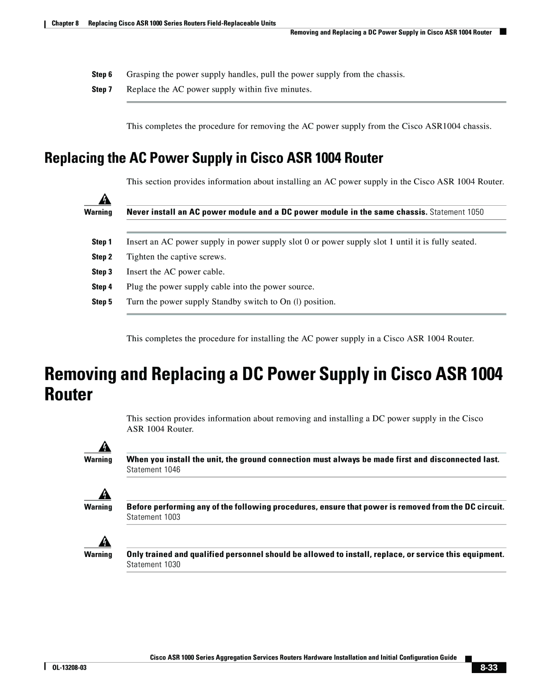 Cisco Systems ASR 1000 Series manual Replacing the AC Power Supply in Cisco ASR 1004 Router 