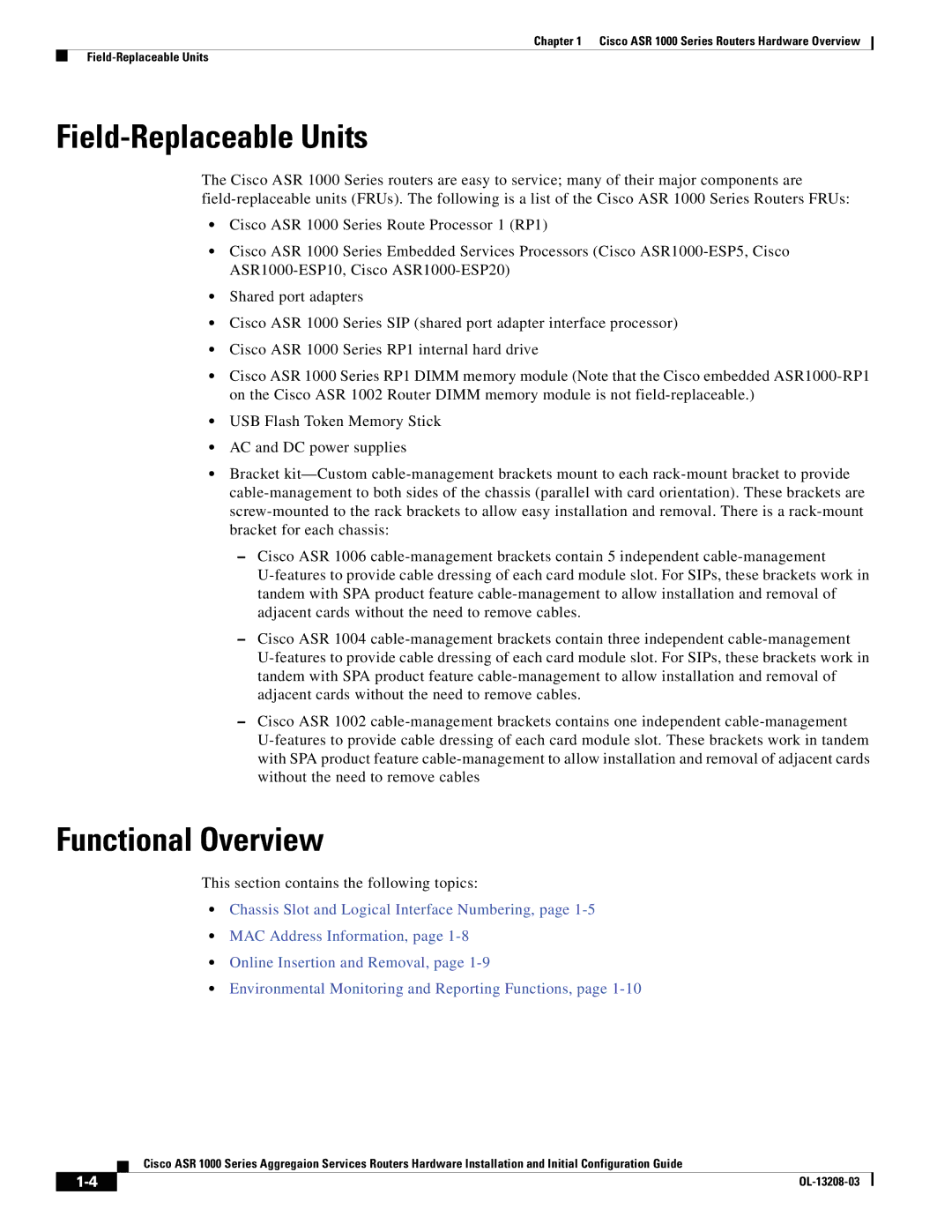 Cisco Systems ASR 1000 Series Field-Replaceable Units, Functional Overview, This section contains the following topics 