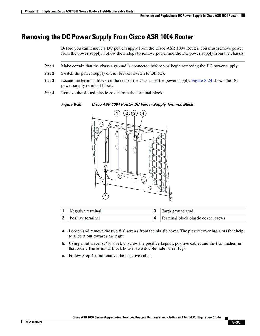 Cisco Systems ASR 1000 Series manual Removing the DC Power Supply From Cisco ASR 1004 Router 