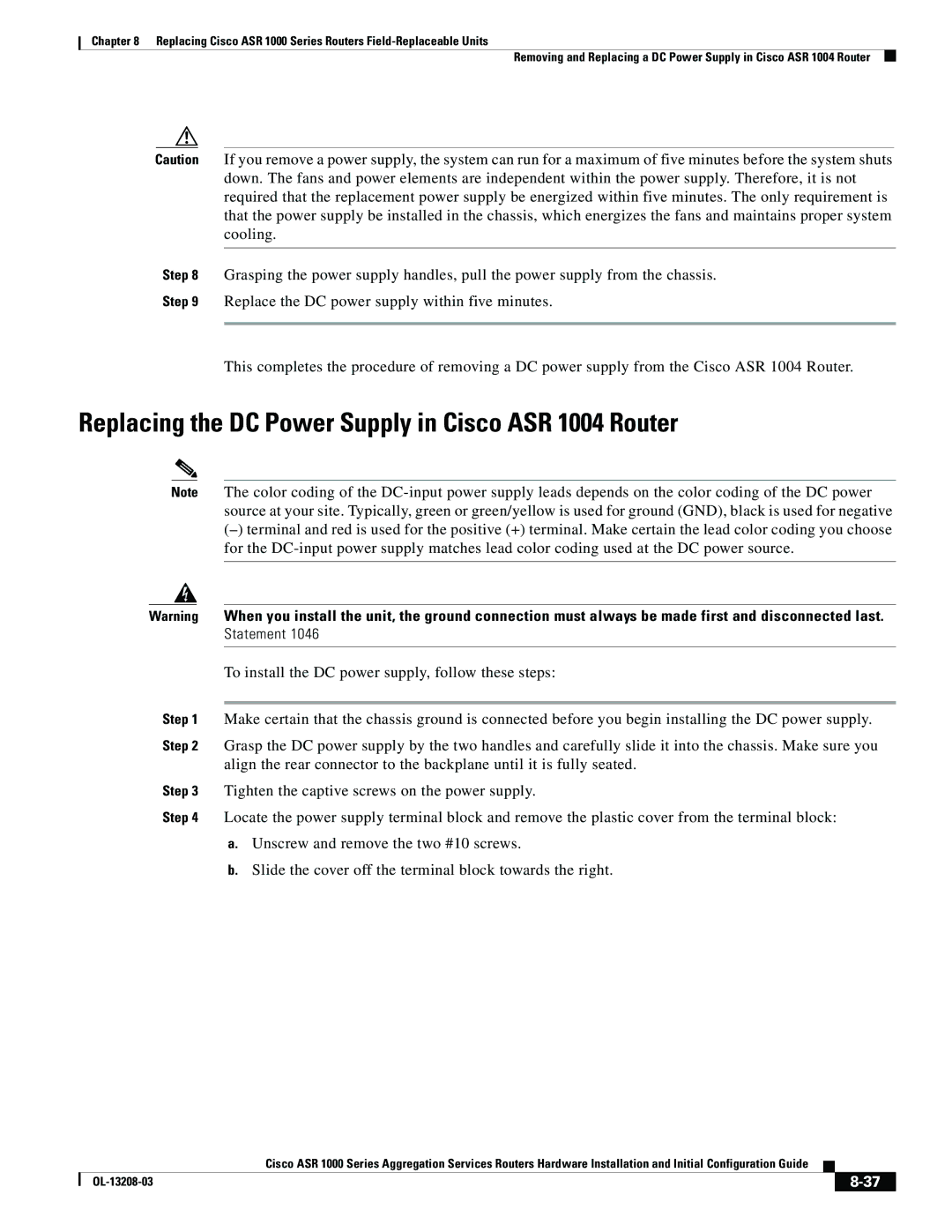 Cisco Systems ASR 1000 Series manual Replacing the DC Power Supply in Cisco ASR 1004 Router 