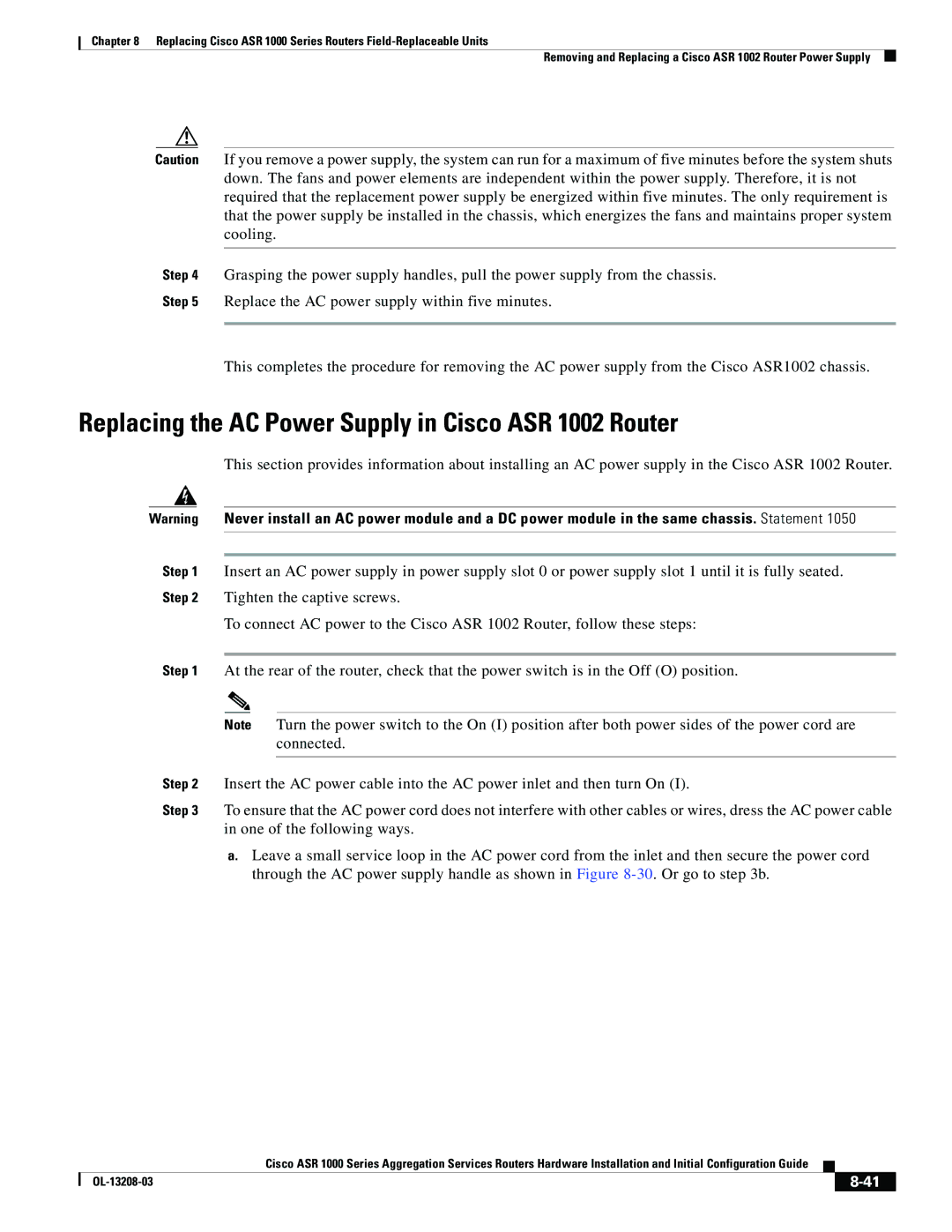 Cisco Systems ASR 1000 Series manual Replacing the AC Power Supply in Cisco ASR 1002 Router 