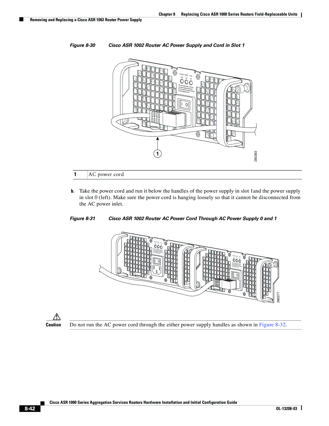 Cisco Systems ASR 1000 Series manual Cisco ASR 1002 Router AC Power Supply and Cord in Slot 