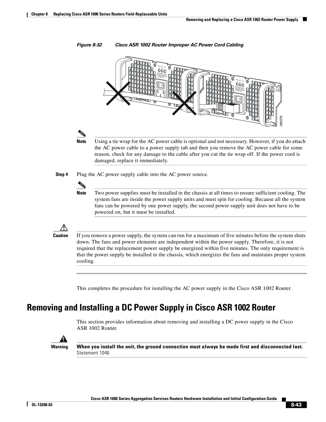 Cisco Systems ASR 1000 Series manual Cisco ASR 1002 Router Improper AC Power Cord Cabling 