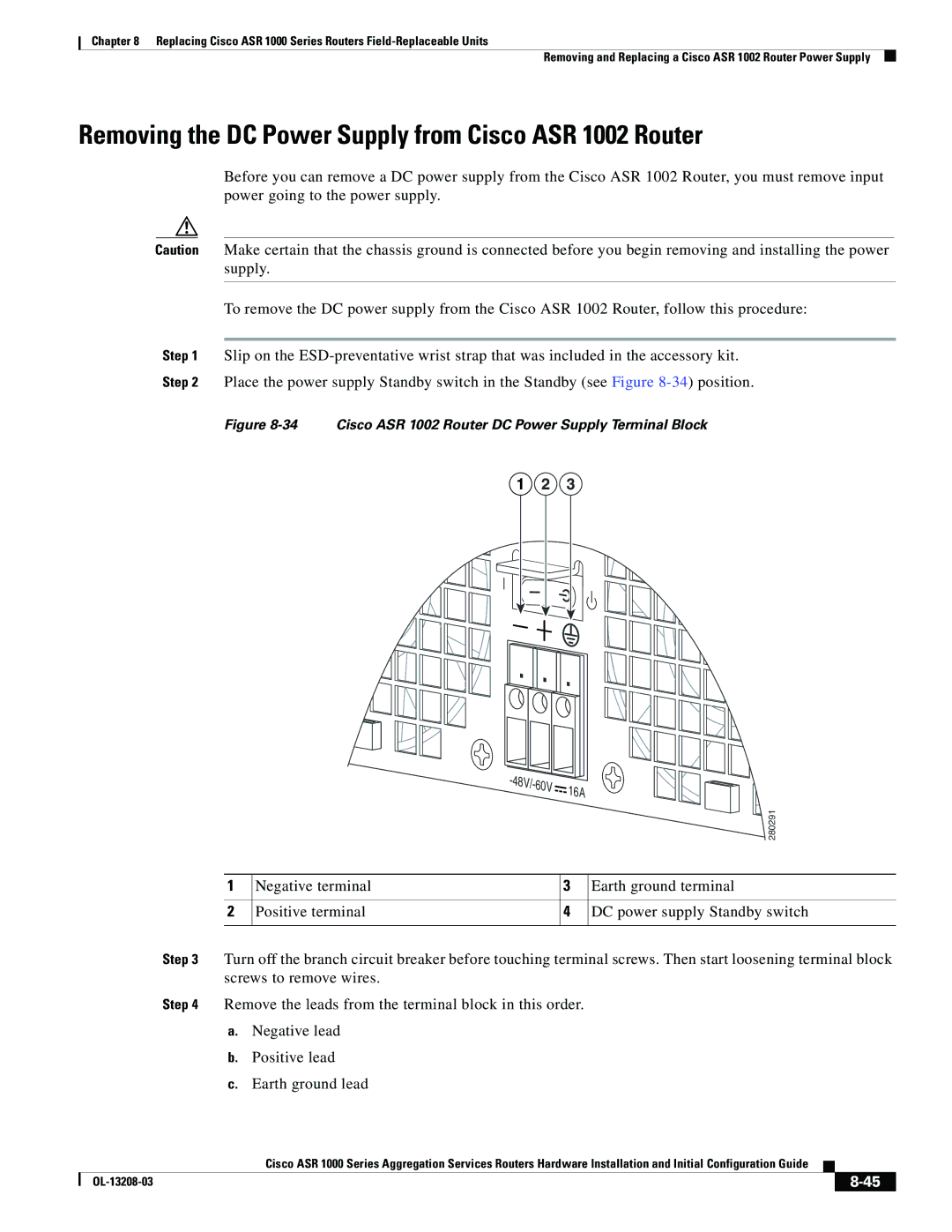 Cisco Systems ASR 1000 Series manual Removing the DC Power Supply from Cisco ASR 1002 Router 