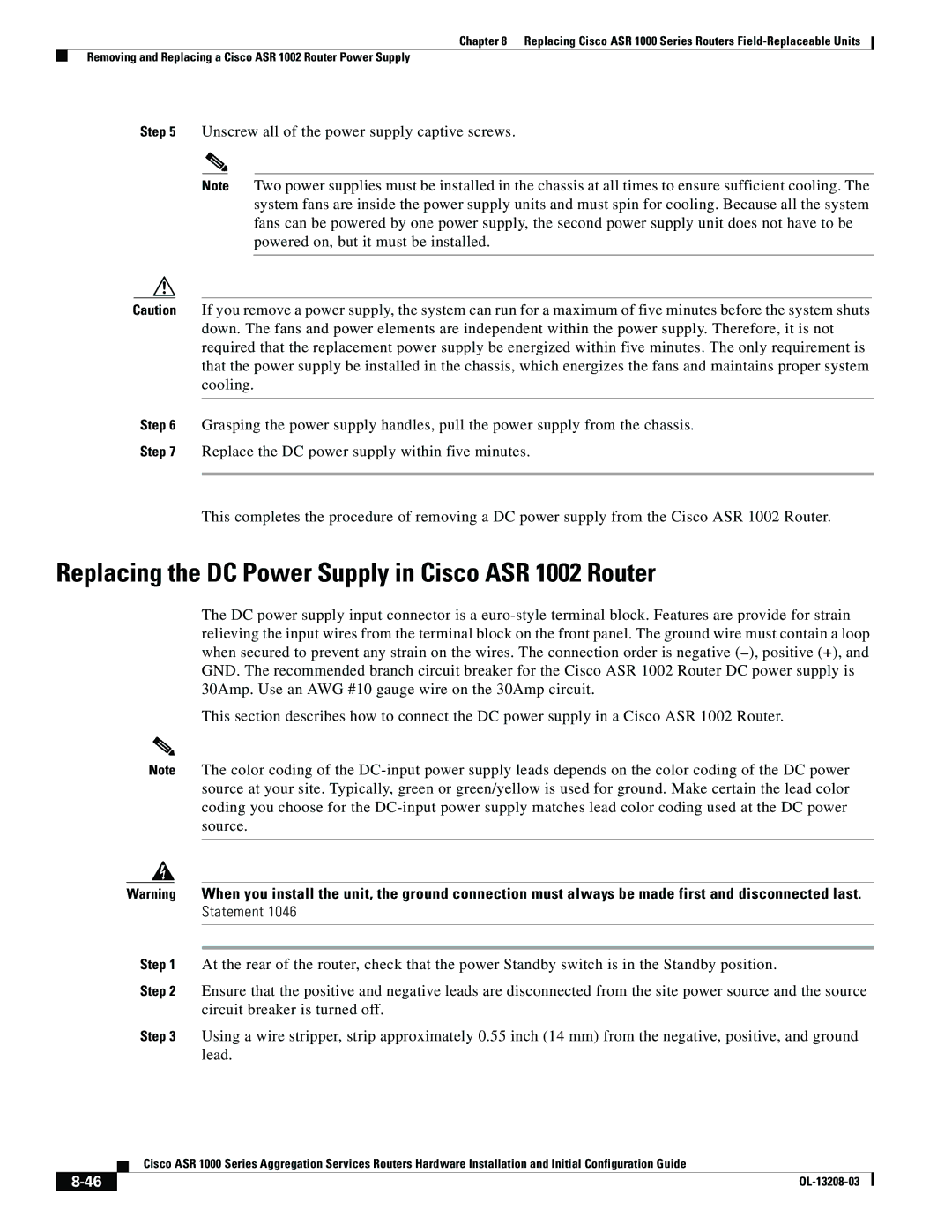 Cisco Systems ASR 1000 Series manual Replacing the DC Power Supply in Cisco ASR 1002 Router 