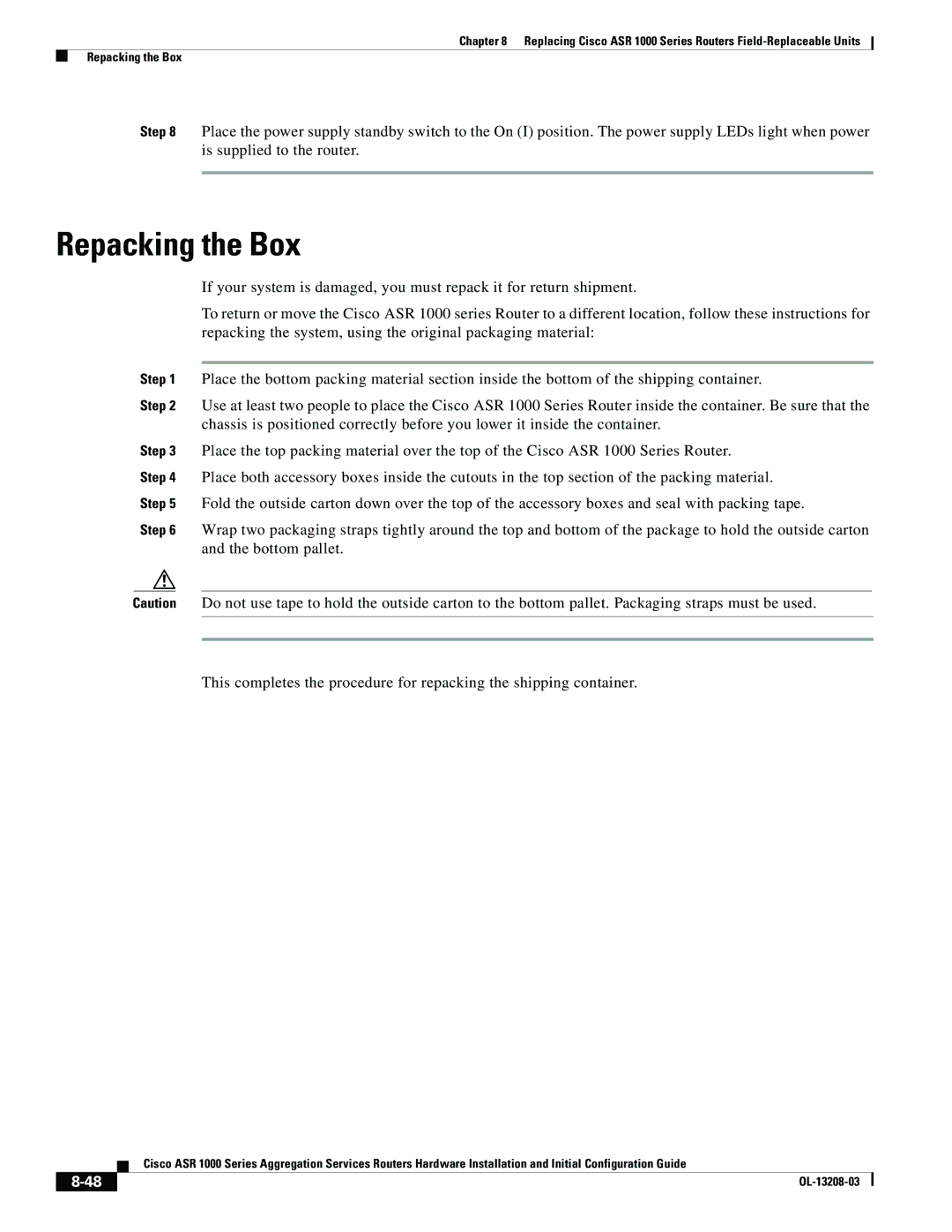 Cisco Systems ASR 1000 Series manual Repacking the Box 