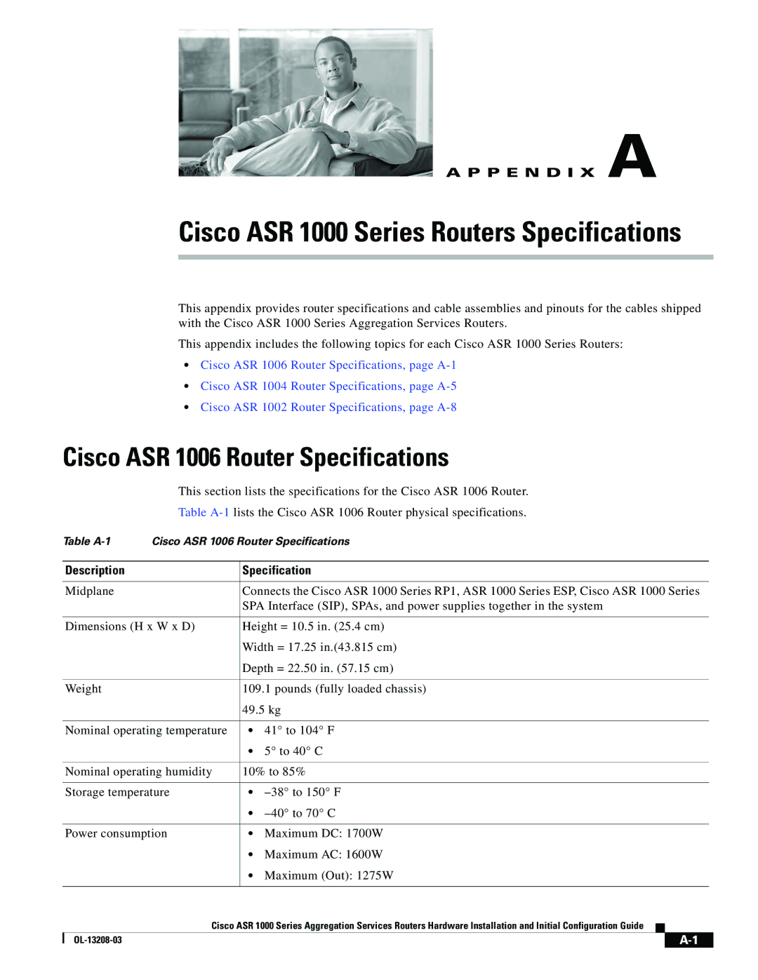 Cisco Systems manual Cisco ASR 1000 Series Routers Specifications, Cisco ASR 1006 Router Specifications 