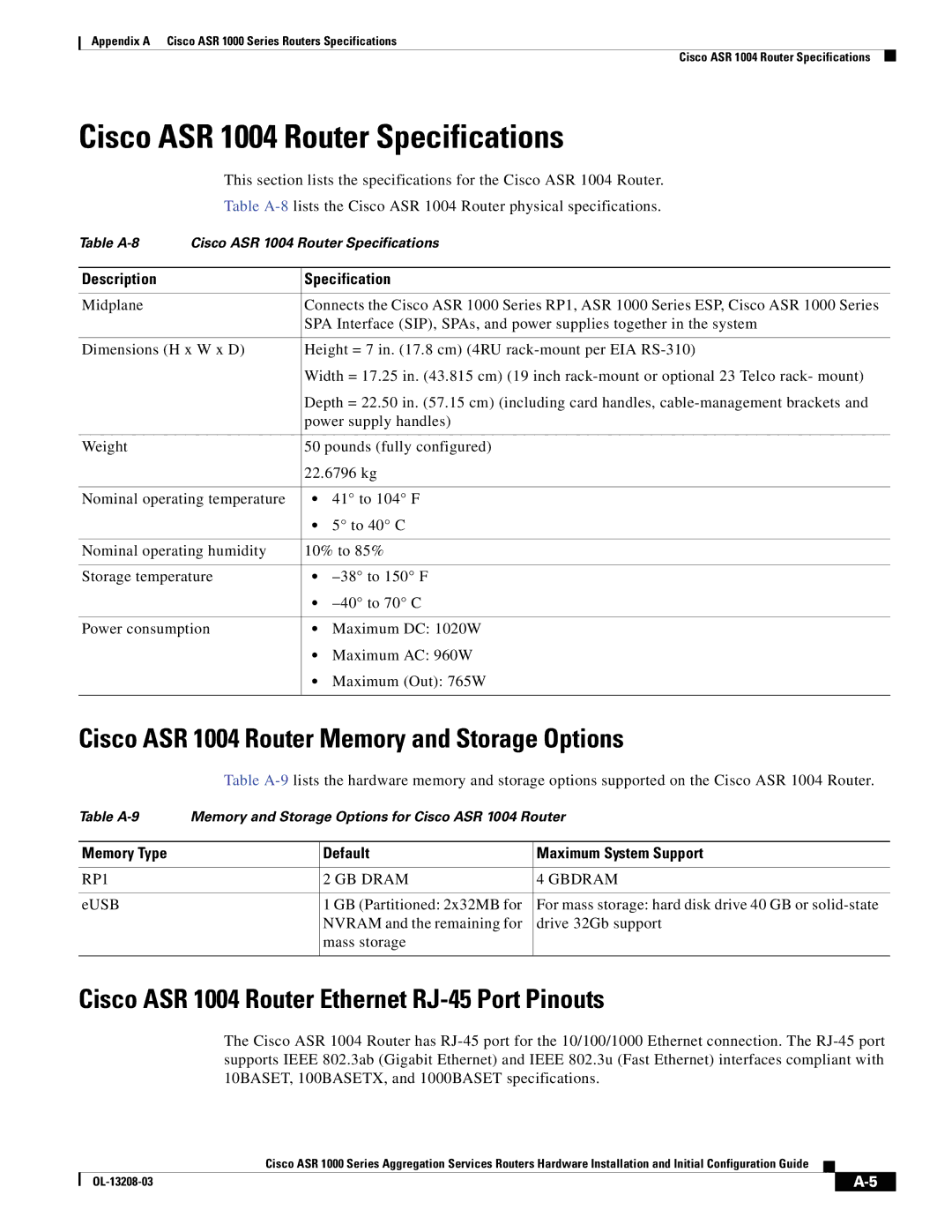 Cisco Systems ASR 1000 Series manual Cisco ASR 1004 Router Specifications, Cisco ASR 1004 Router Memory and Storage Options 