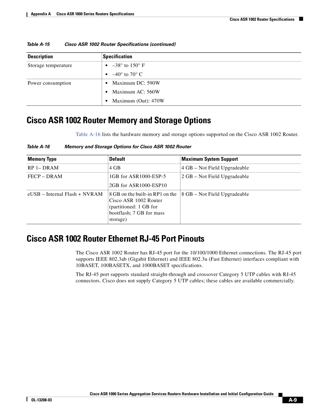 Cisco Systems ASR 1000 Series manual Cisco ASR 1002 Router Memory and Storage Options, RP 1- Dram, GB Not Field Upgradeable 