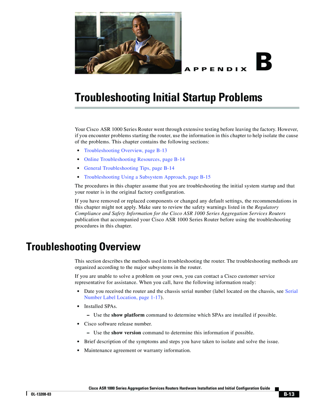 Cisco Systems ASR 1000 Series manual Troubleshooting Initial Startup Problems, Troubleshooting Overview 