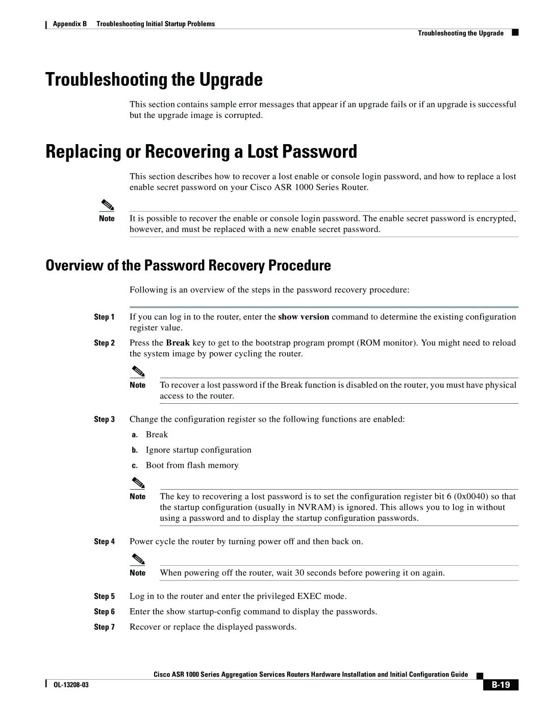 Cisco Systems ASR 1000 Series manual Troubleshooting the Upgrade, Replacing or Recovering a Lost Password 