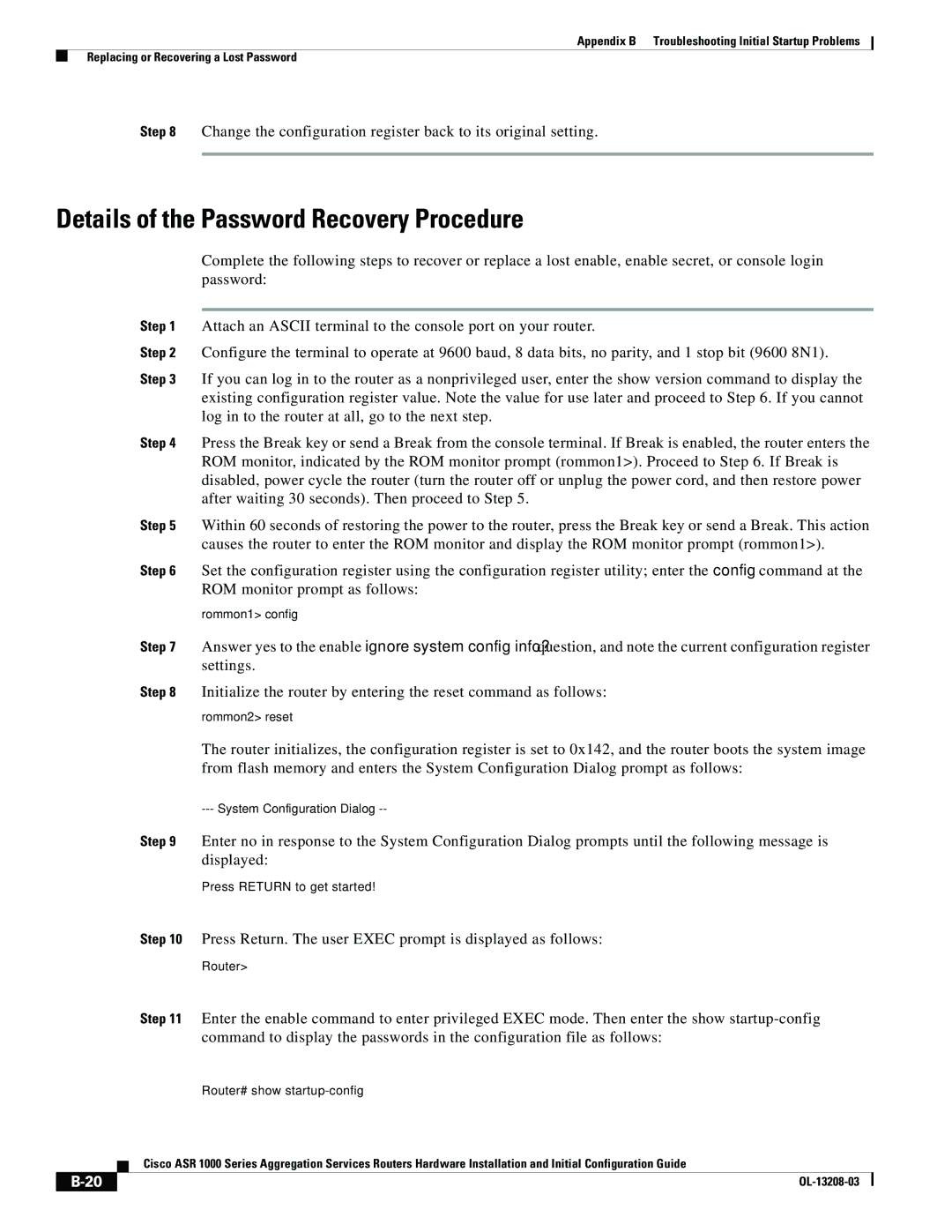 Cisco Systems ASR 1000 Series manual Details of the Password Recovery Procedure 