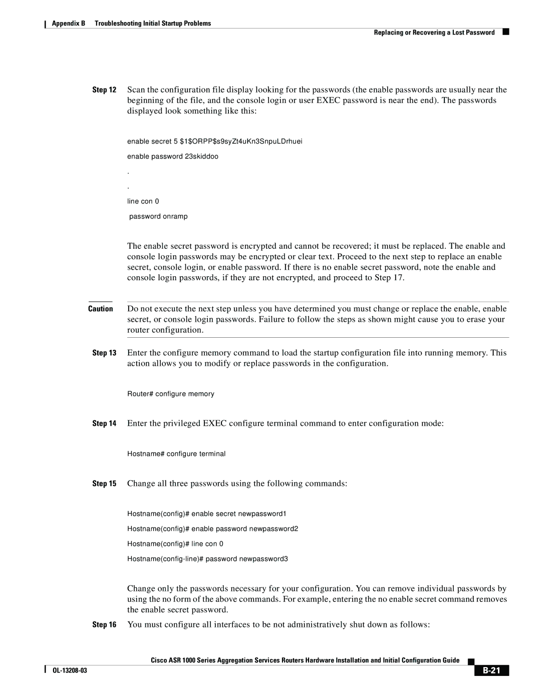 Cisco Systems ASR 1000 Series manual Change all three passwords using the following commands 