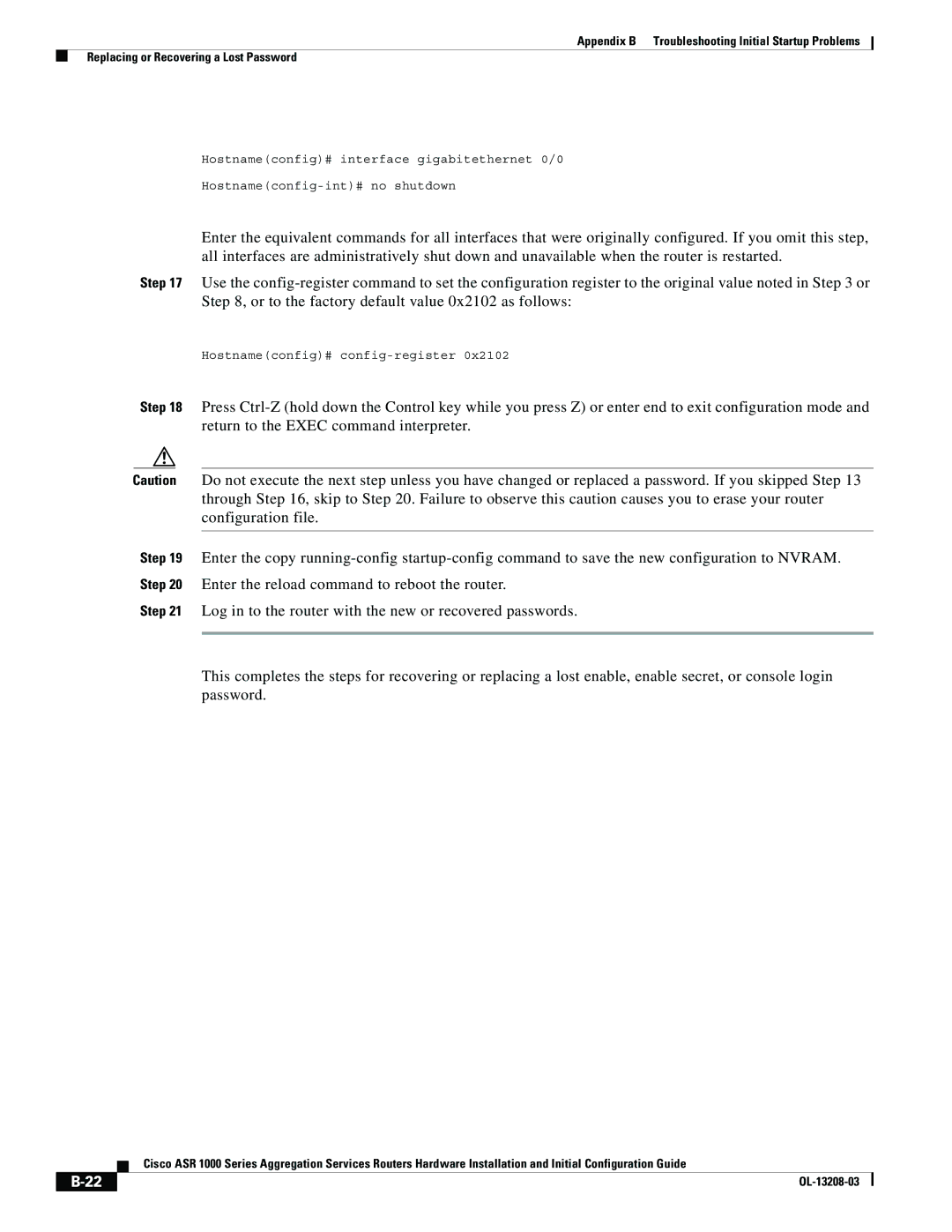 Cisco Systems ASR 1000 Series manual Hostnameconfig# config-register 