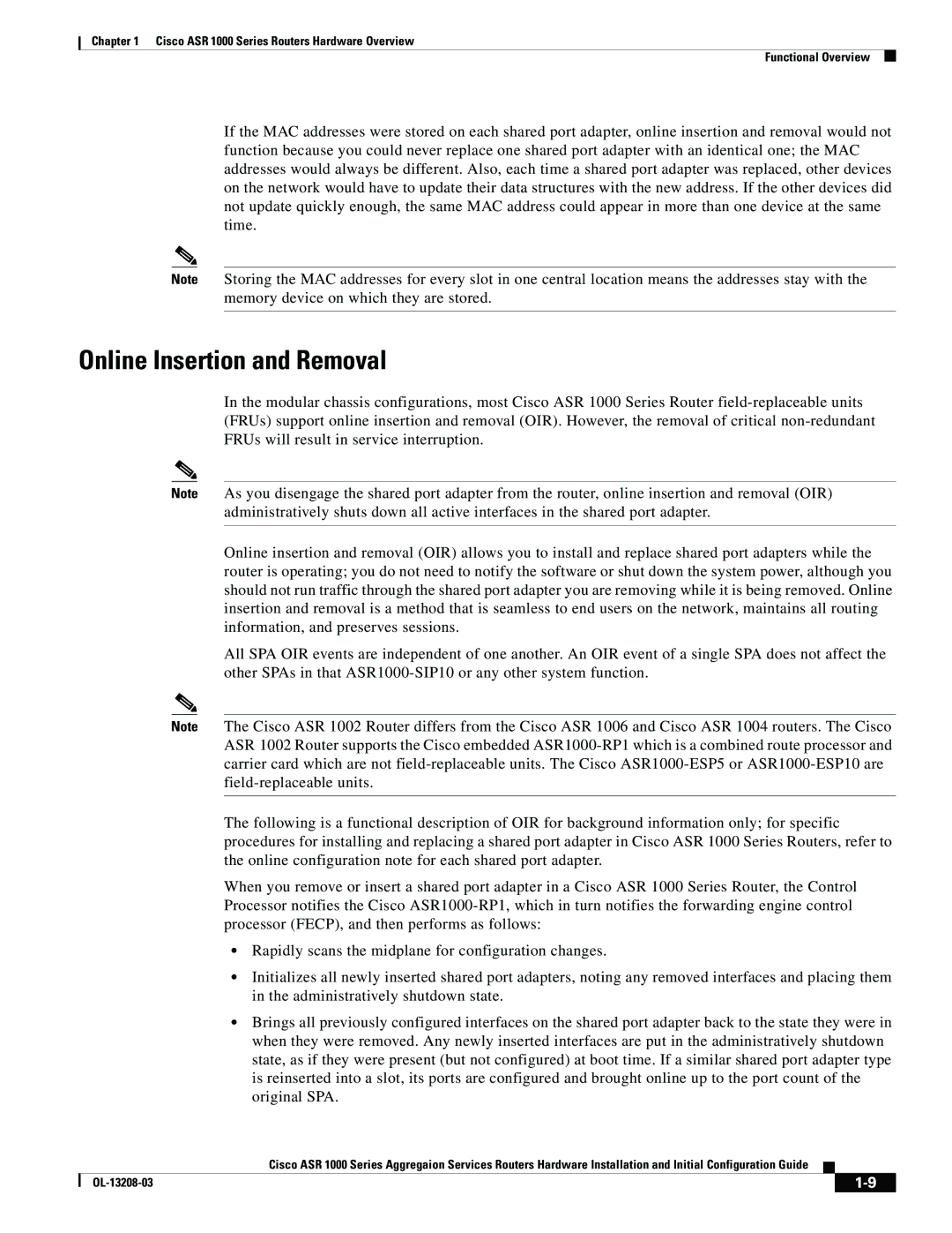 Cisco Systems ASR 1000 Series manual Online Insertion and Removal 