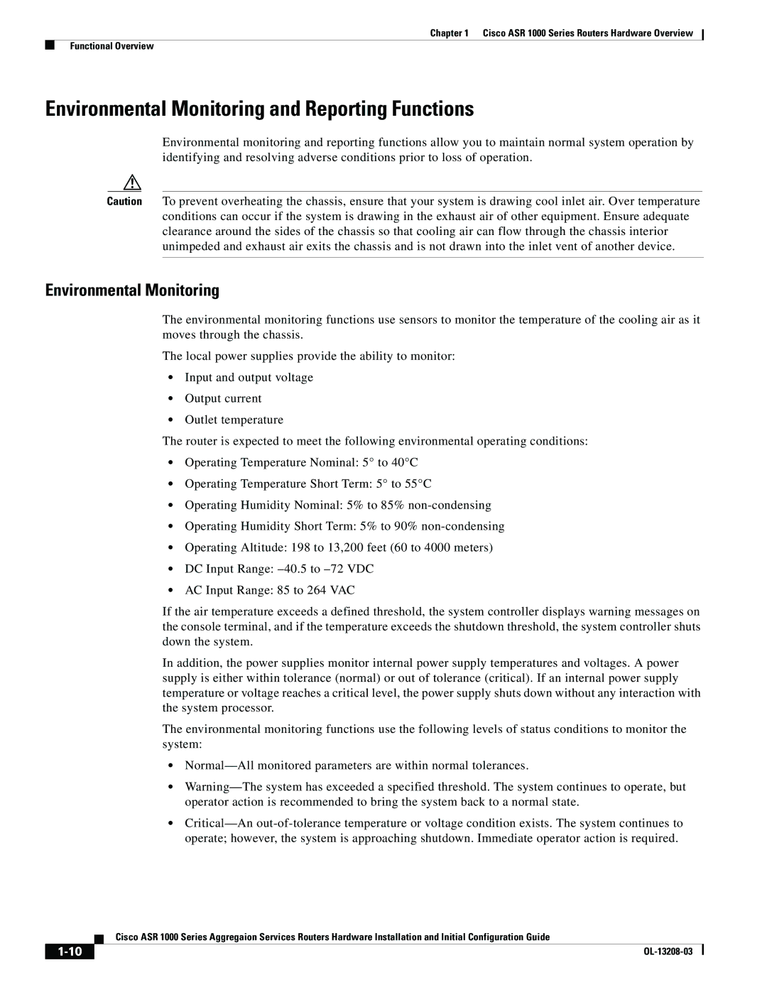 Cisco Systems ASR 1000 Series manual Environmental Monitoring and Reporting Functions 