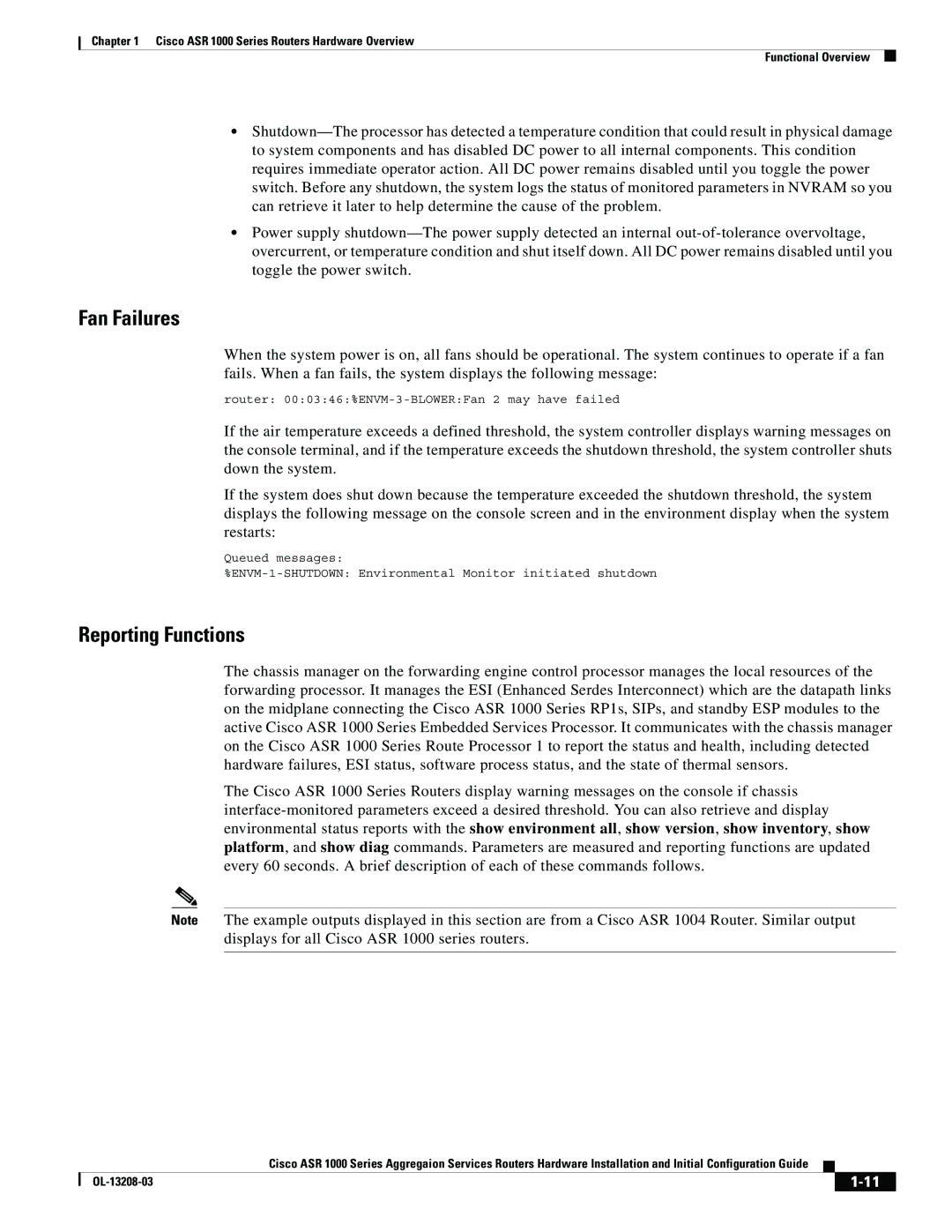 Cisco Systems ASR 1000 Series manual Fan Failures, Reporting Functions 