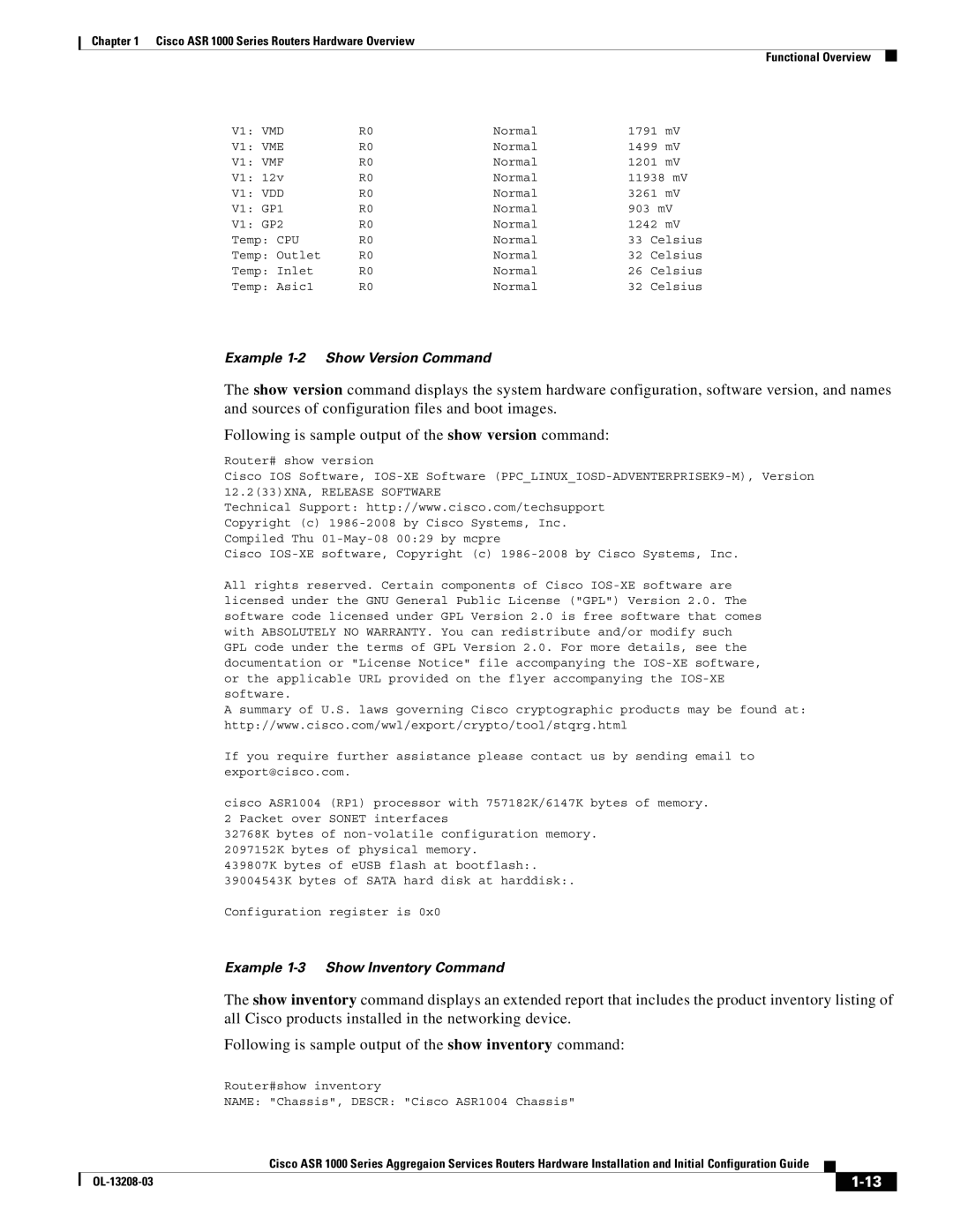 Cisco Systems ASR 1000 Series manual Example 1-2 Show Version Command 