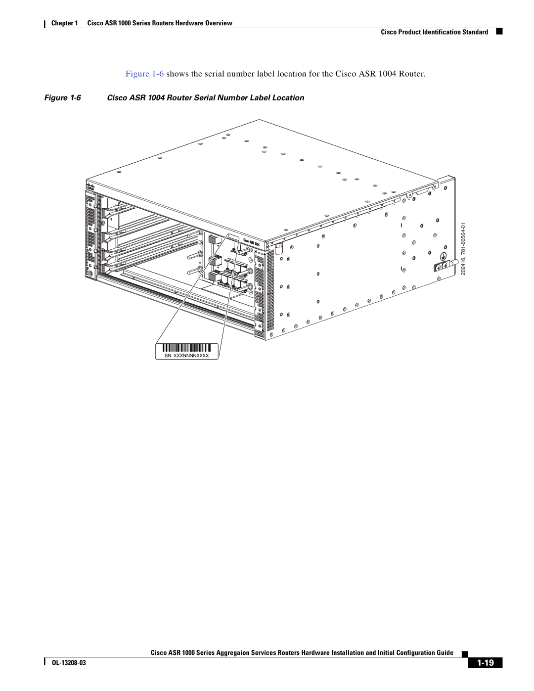 Cisco Systems ASR 1000 Series manual Cisco ASR 1004 Router Serial Number Label Location 