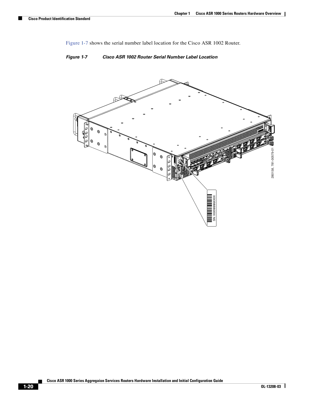 Cisco Systems ASR 1000 Series manual Cisco ASR 1002 Router Serial Number Label Location 