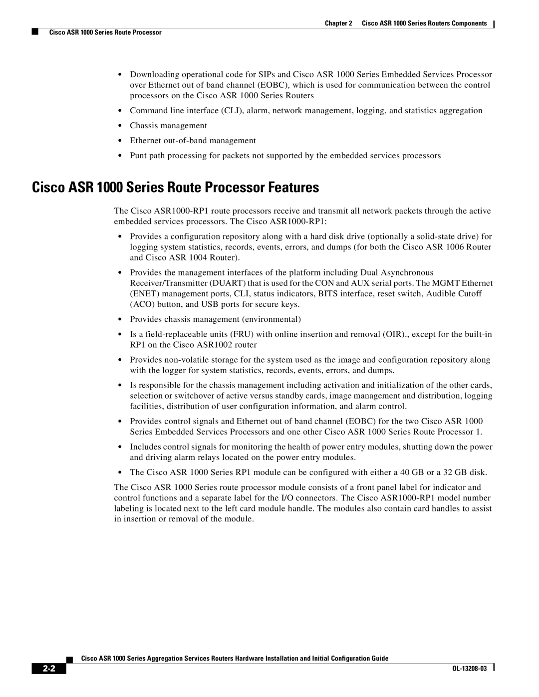 Cisco Systems manual Cisco ASR 1000 Series Route Processor Features 