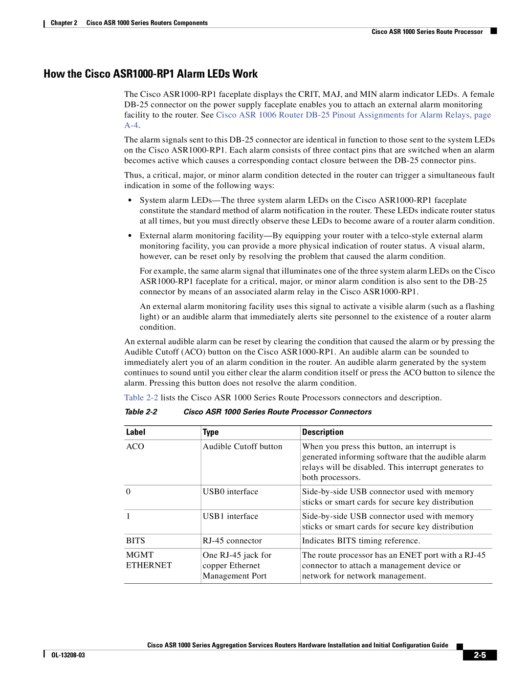 Cisco Systems ASR 1000 Series manual How the Cisco ASR1000-RP1 Alarm LEDs Work, Label Type Description 