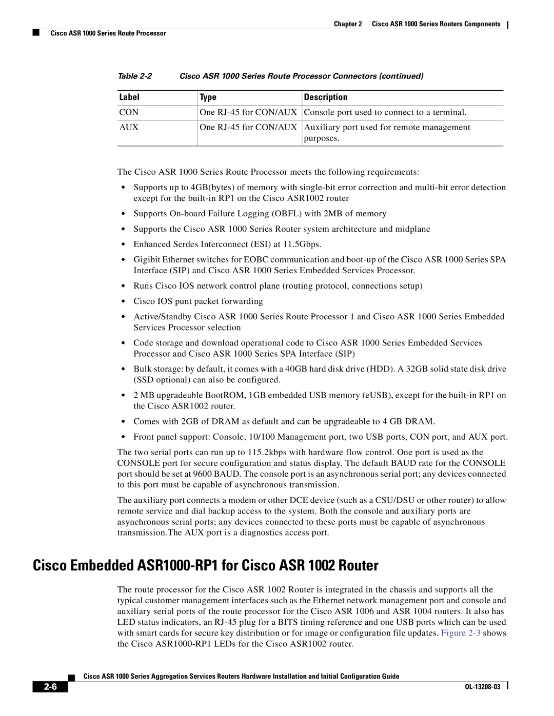 Cisco Systems ASR 1000 Series manual Cisco Embedded ASR1000-RP1 for Cisco ASR 1002 Router, Con, Aux 