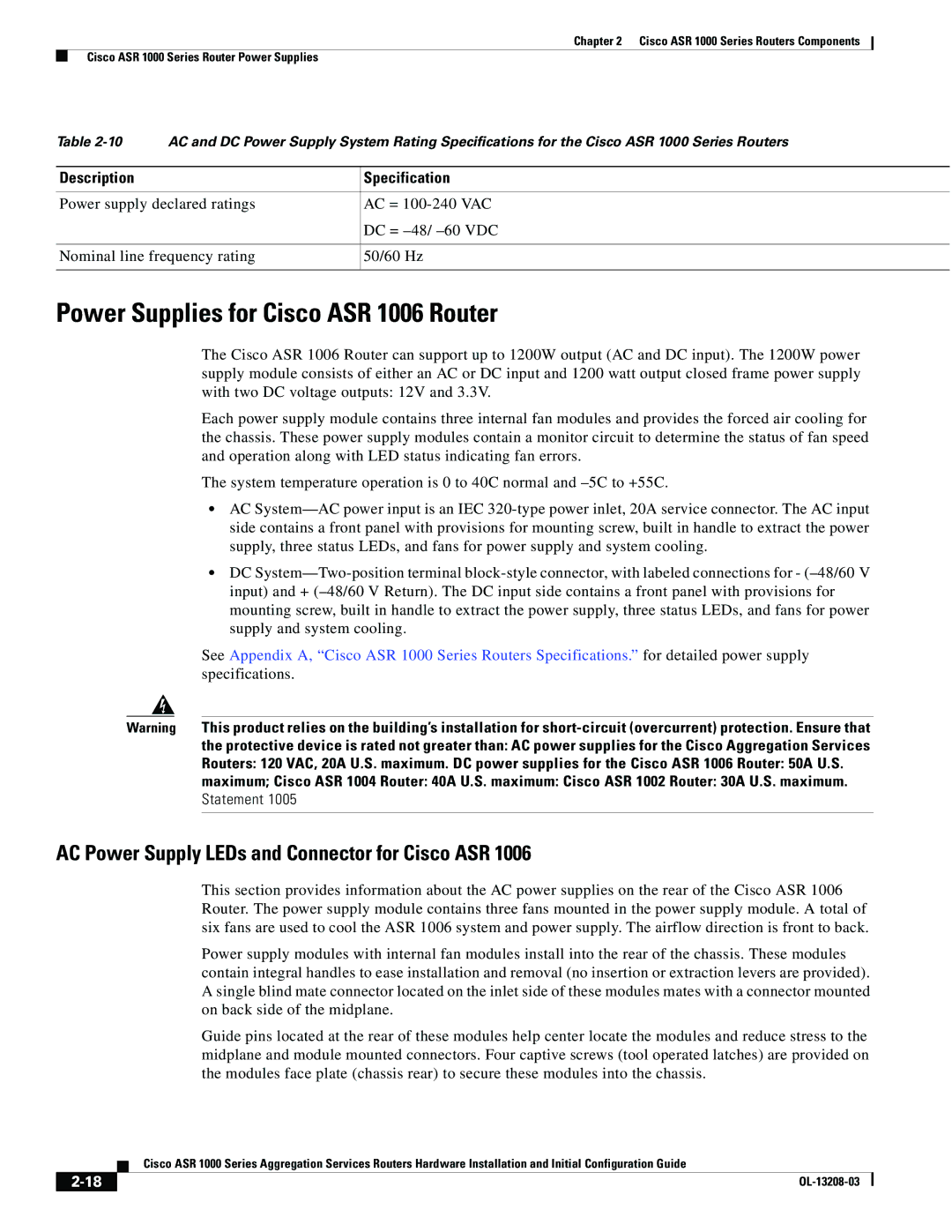 Cisco Systems ASR 1000 Series Power Supplies for Cisco ASR 1006 Router, AC Power Supply LEDs and Connector for Cisco ASR 