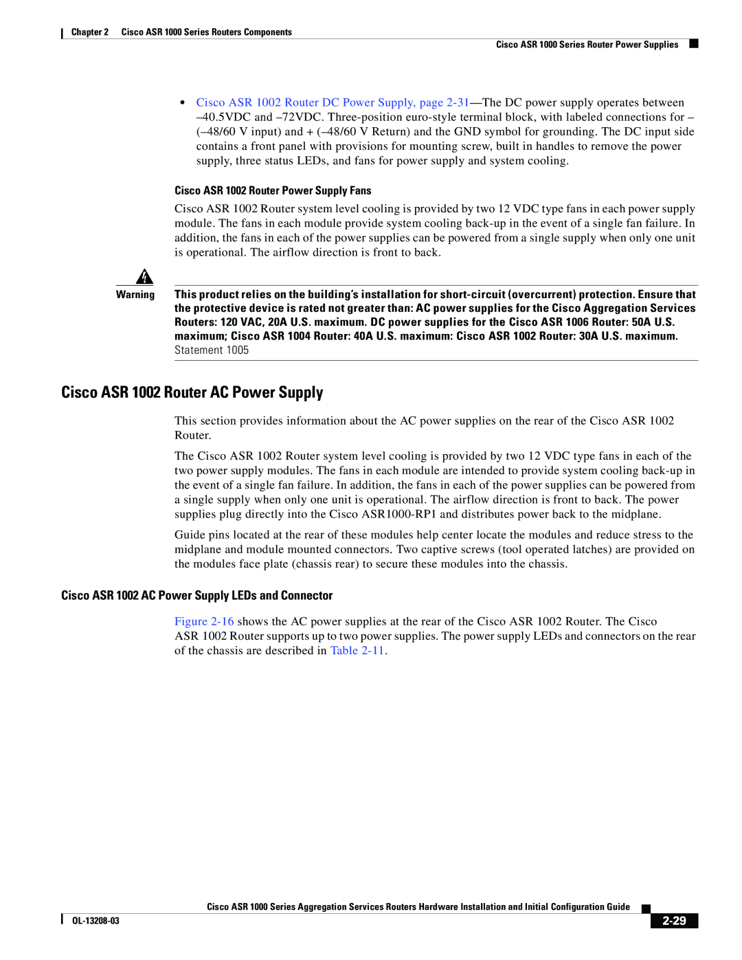 Cisco Systems ASR 1000 Series manual Cisco ASR 1002 Router AC Power Supply, Cisco ASR 1002 Router Power Supply Fans 