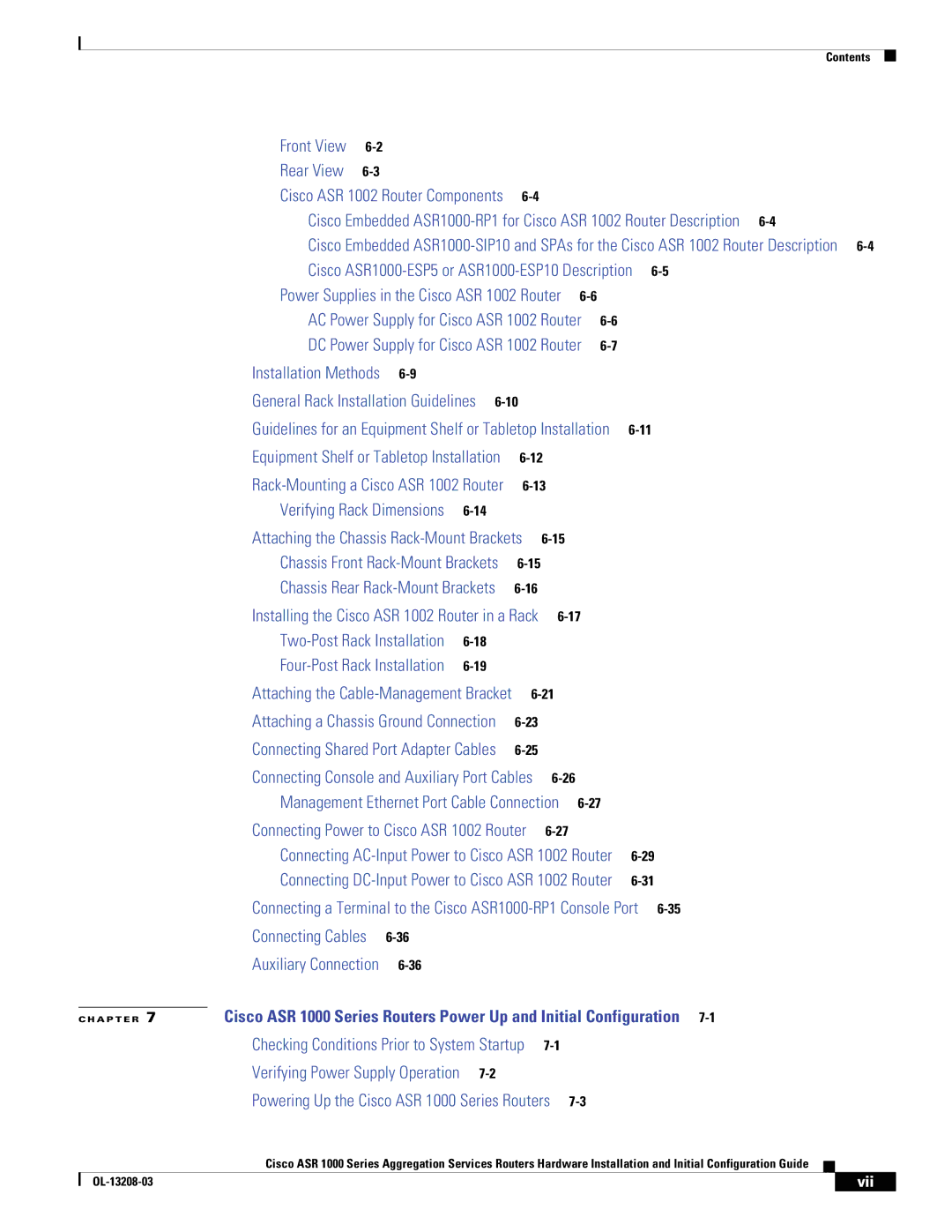 Cisco Systems ASR 1000 Series manual Cisco ASR1000-ESP5 or ASR1000-ESP10 Description, Vii 