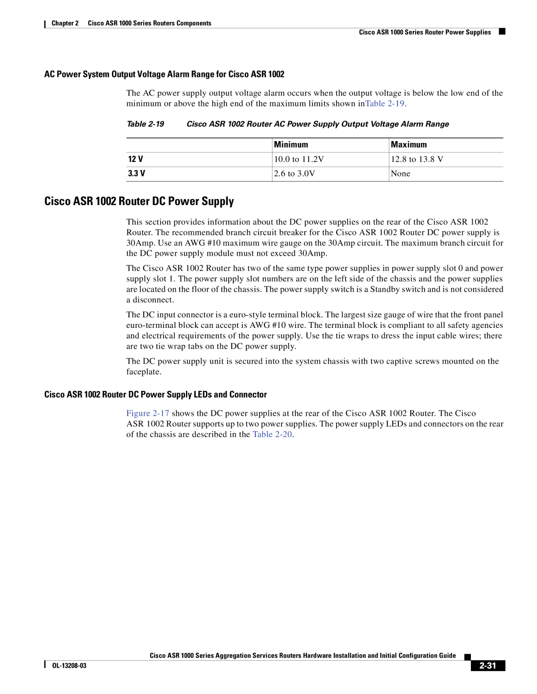 Cisco Systems ASR 1000 Series manual Cisco ASR 1002 Router DC Power Supply, Minimum Maximum, 10.0 to 12.8 to 13.8 None 