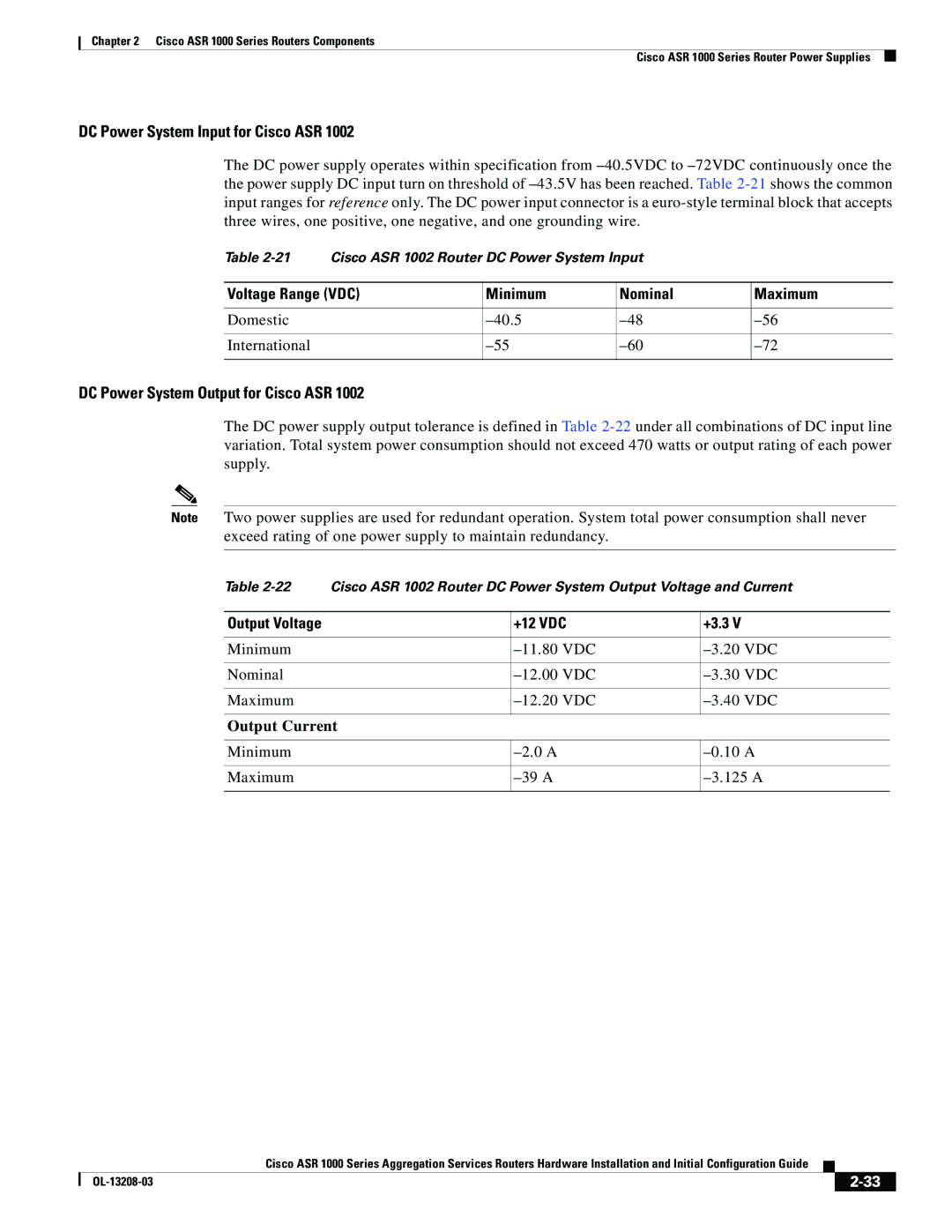 Cisco Systems ASR 1000 Series manual DC Power System Output for Cisco ASR, Minimum 10 a Maximum 39 a 125 a 