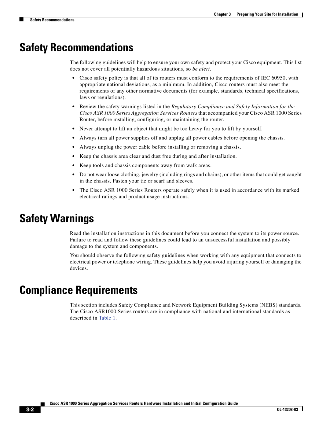 Cisco Systems ASR 1000 Series manual Safety Recommendations, Safety Warnings, Compliance Requirements 