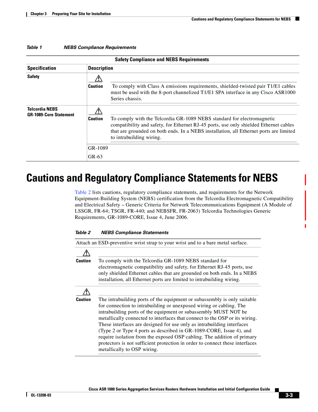 Cisco Systems ASR 1000 Series manual Safety Compliance and Nebs Requirements Specification 