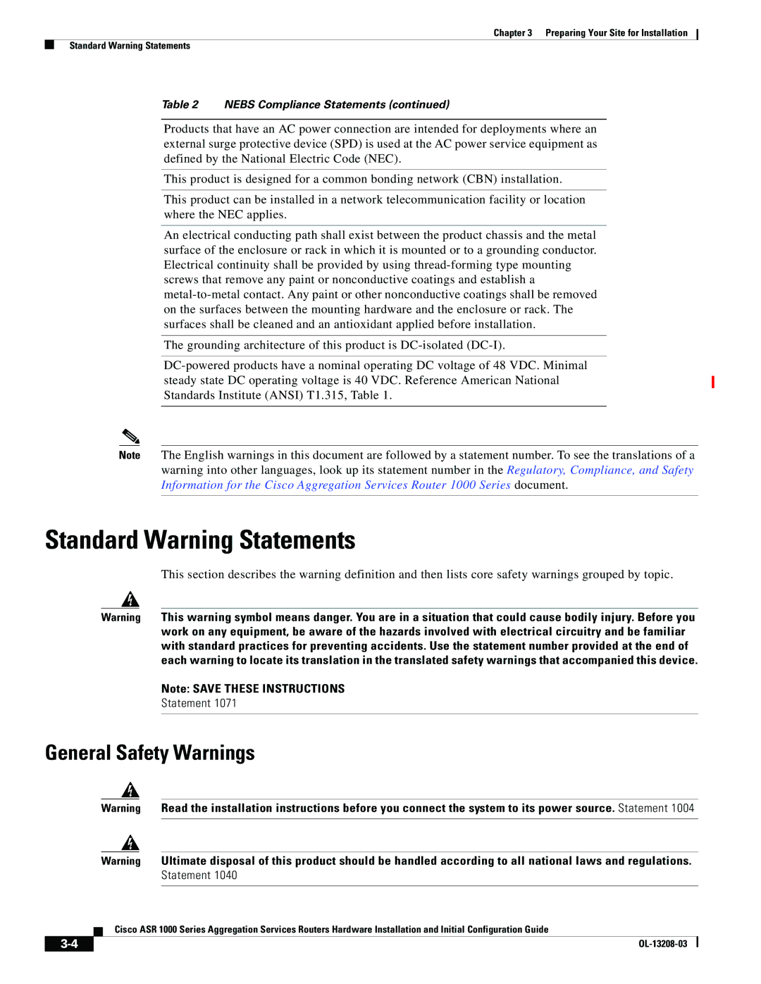 Cisco Systems ASR 1000 Series manual Standard Warning Statements, General Safety Warnings 