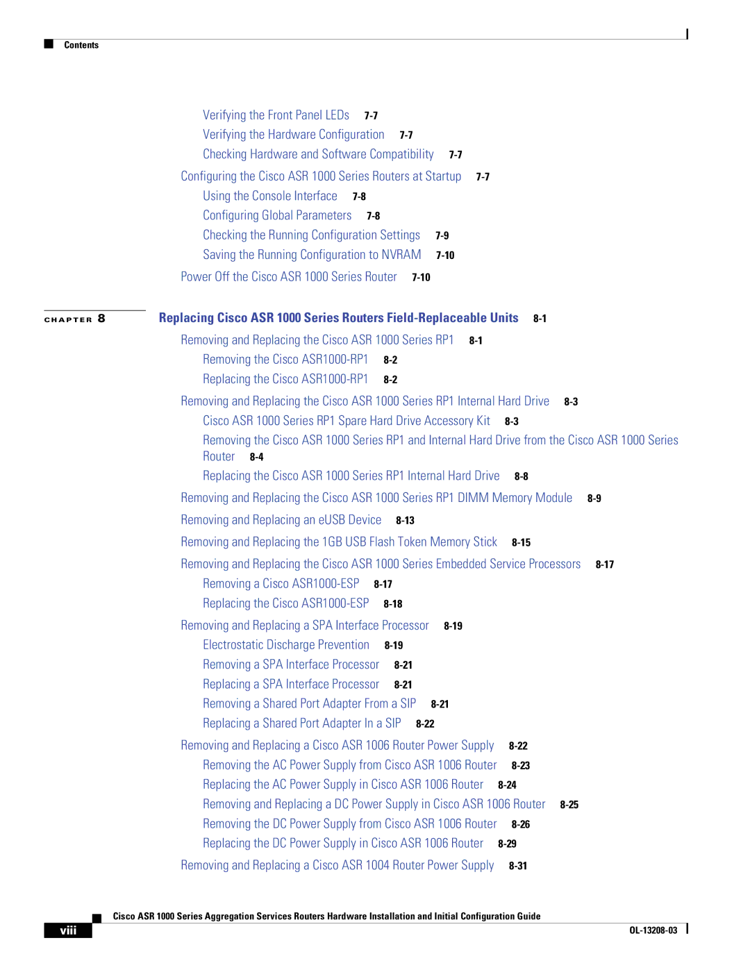 Cisco Systems ASR 1000 Series manual Verifying the Hardware Configuration, Viii 